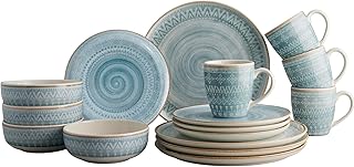 Corona Dinnerware Set 16– piece, Plates Bowls and Mugs Set, Ceramic Sets for 4, Microwave and Dishwasher Safe, Congo Etnic Design