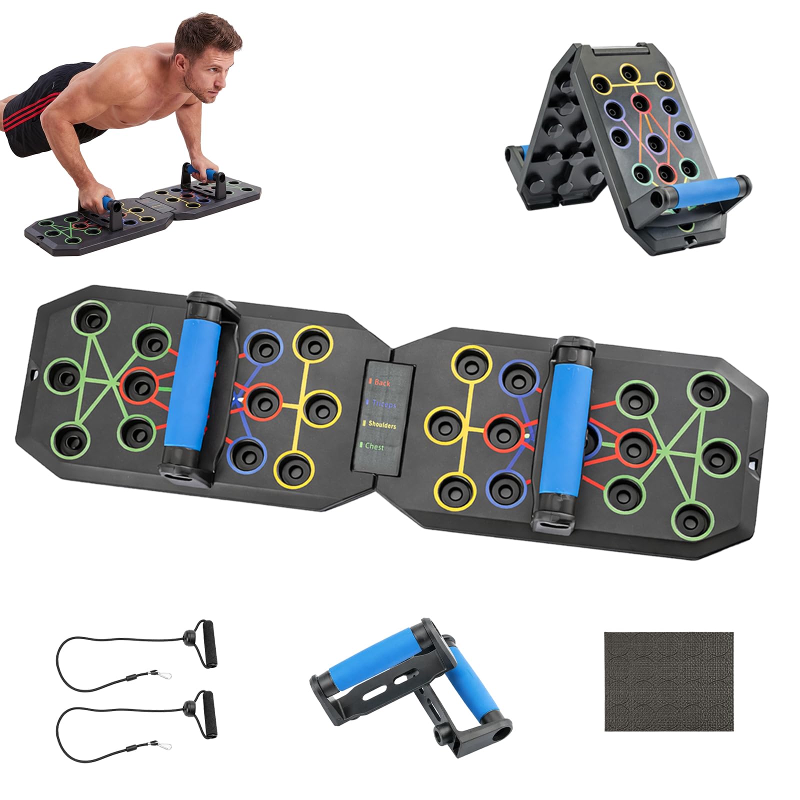 Push Up Board, Foldable Press-Up Board with Resistance Bands, Multi-Function Fitness Board for Chest, Arms, Shoulders, Home Gym Strength Training Equipment for Adult (Black, 20 IN 1 + resistance band)