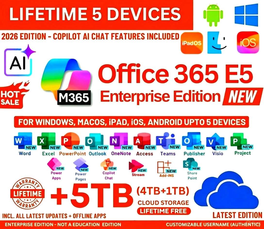 OFFICESUITE 365 Pro Plus Enterprises Edition Ms Copilot AI with CHATGPT, GEMINI Integrated NEW 2026 Edition (UPTO 5 Devices, Lifetime Validity) for Win, iOS, macOS, iPADOS, Android | 5120 GB Online Storage for lifetime | Online Updates & Reinstall Support