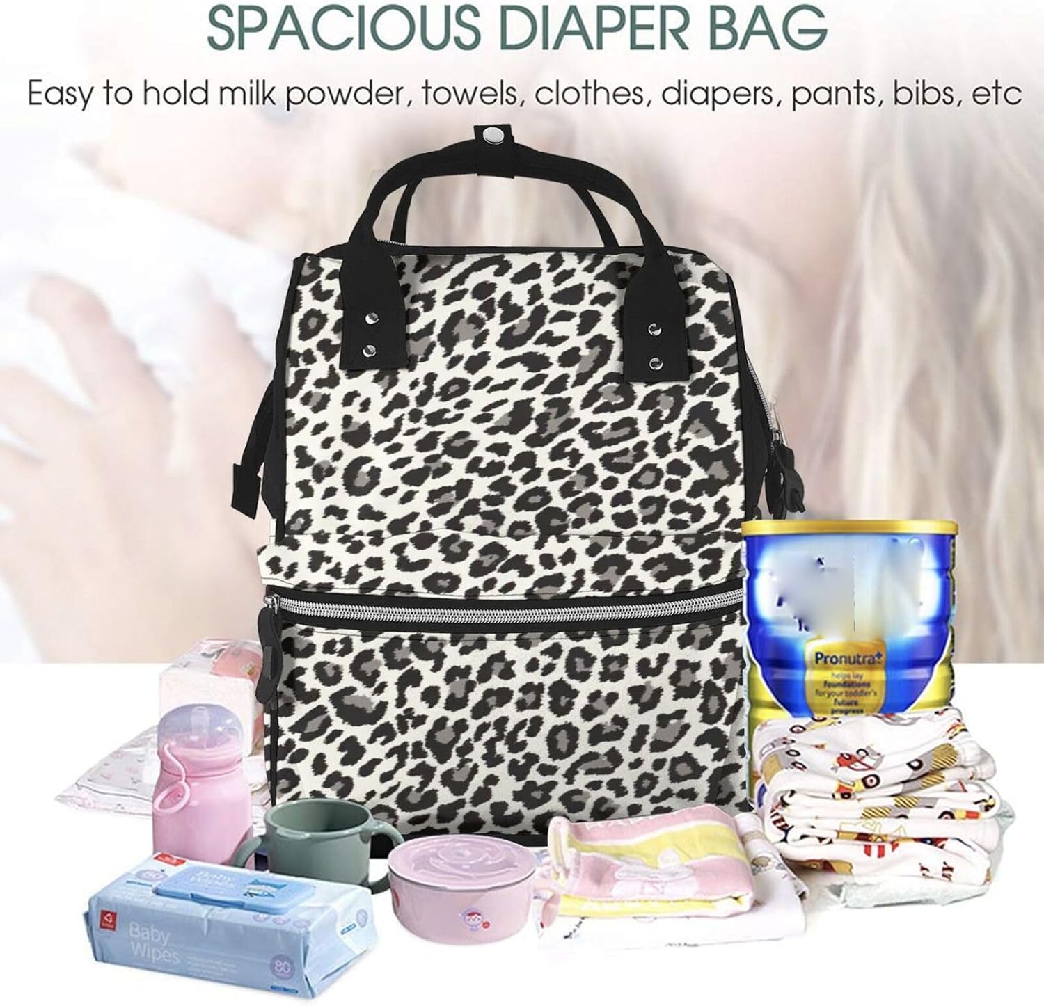 Elegant Black Leopard Print Print Mummy backpack Large, Waterproof,Adjustable Straps for Outdoor Activities
