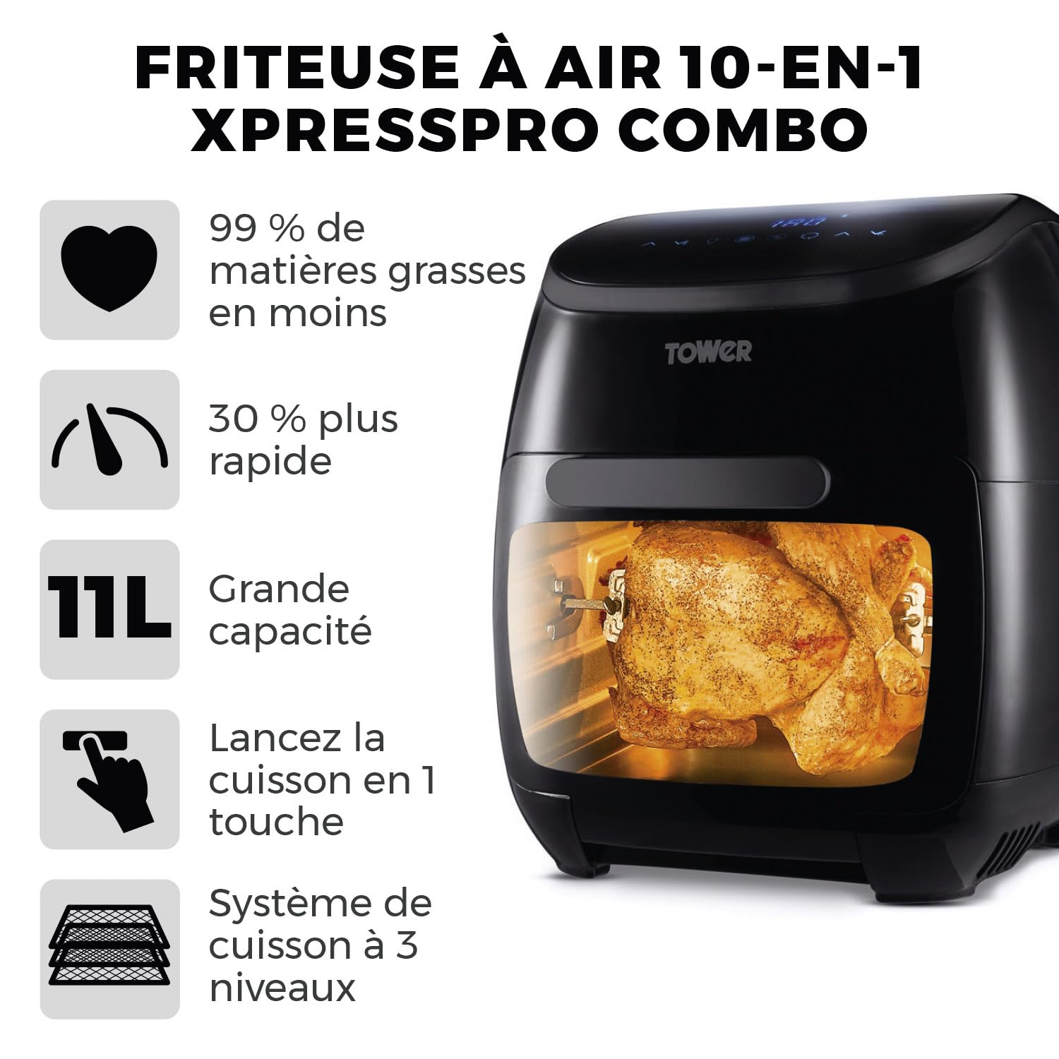 Tower T17076 Xpress Pro Combo Air Fryer - Mini four électrique numérique 10-en-1 - Friteuse sans Huile - Friteuse Électrique avec Circulation d'Air Rapide, Minuterie 60 minutes, 11 L, 2 000 W, Noir