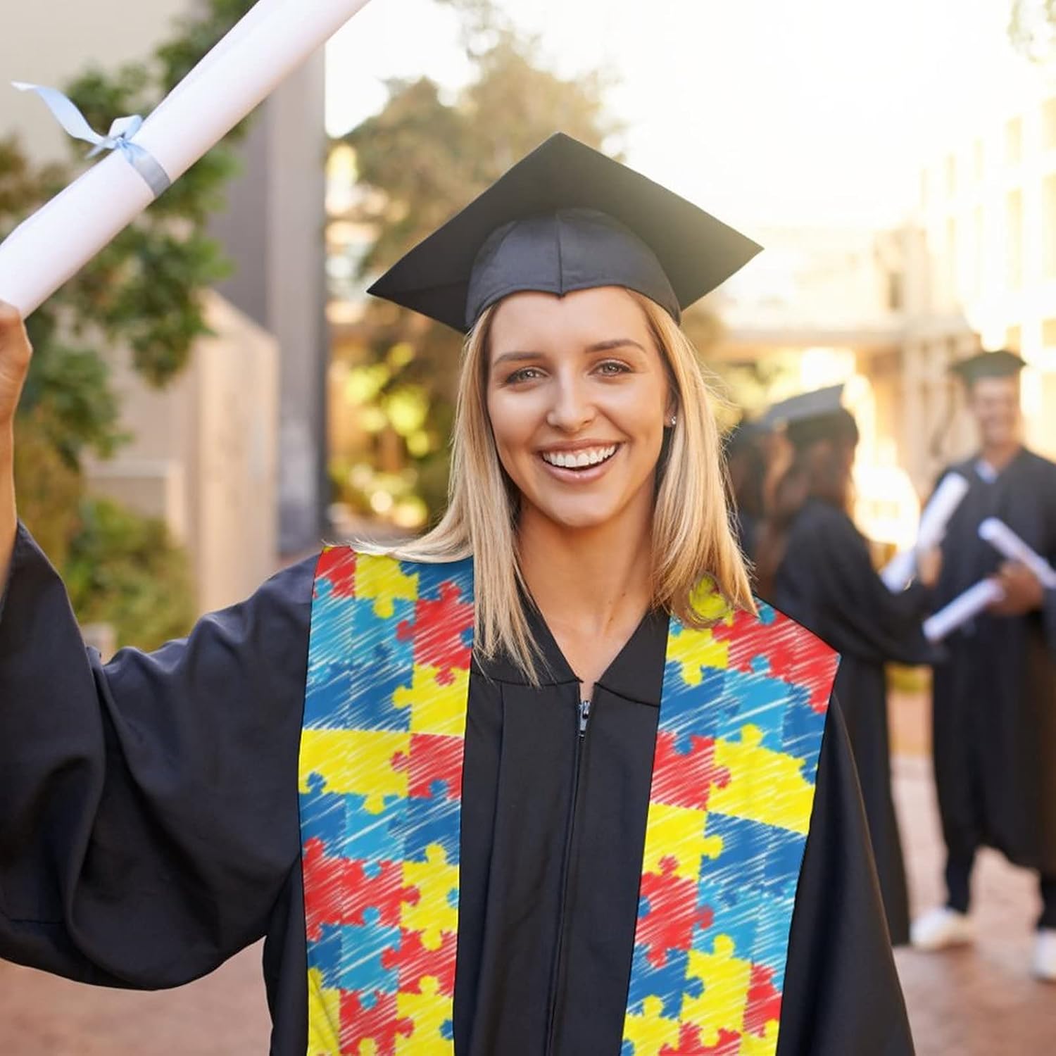 Color Autism Awareness Puzzle Graduation Stole Print Shawl Sash Honor Stole for Men Women Graduation Gifts