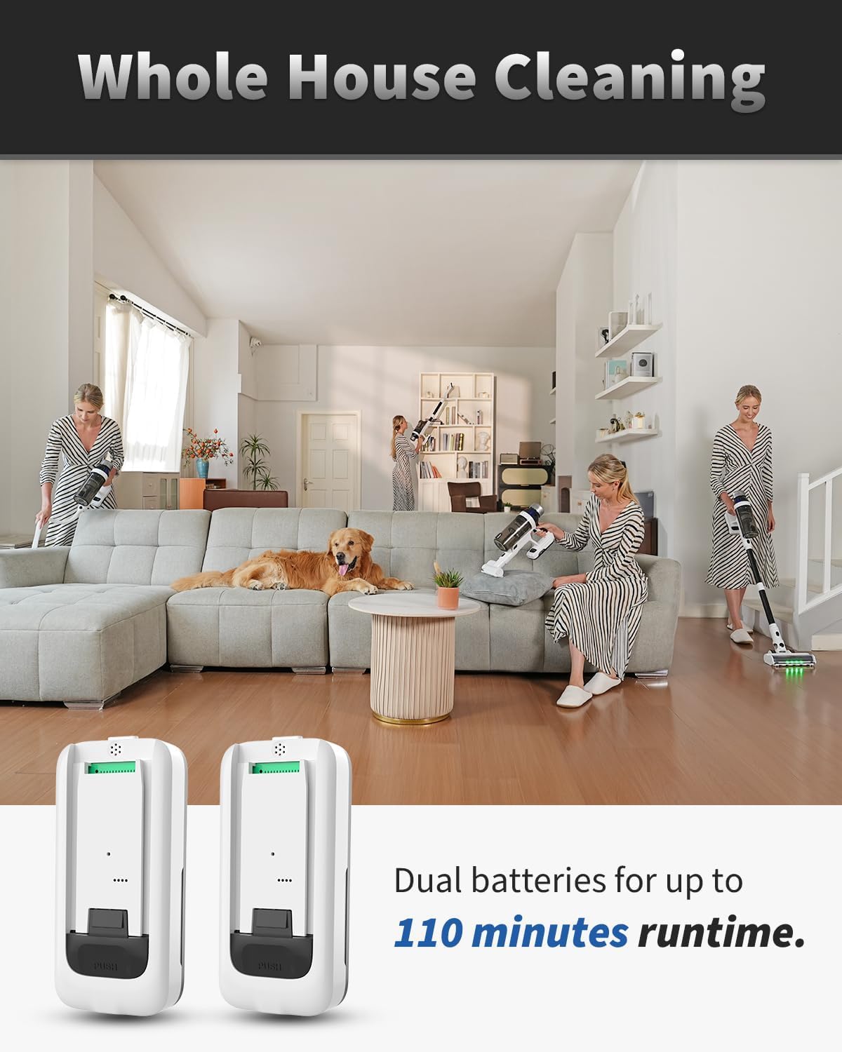 Cordless Vacuum Cleaner, 2 Batteries 110 Mins Runtime Vacuum Cleaners for Home, 15-in-1 Powerful Stick Vacuum with LED Display, Anti-Tangle, Lightweight Vacuum for Hard Floors Carpets Pet Hair