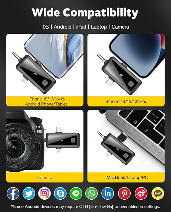 Wireless Lavalier Microphone for iPhone/Android/Camera, Upgraded Mini Microphone with LED Indicator & Noise Reduction, Mic for Video Recording, YouTube, TikTok, and Vlogging (Dark Black)