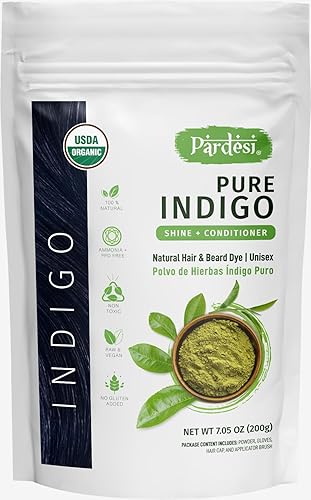 Pardesi Indigo Powder I USDA Organic I 7.05 oz (200 gramos) Tinte natural para cabello y barba I Unisex I Libre de amoníaco y PPD I Incluye