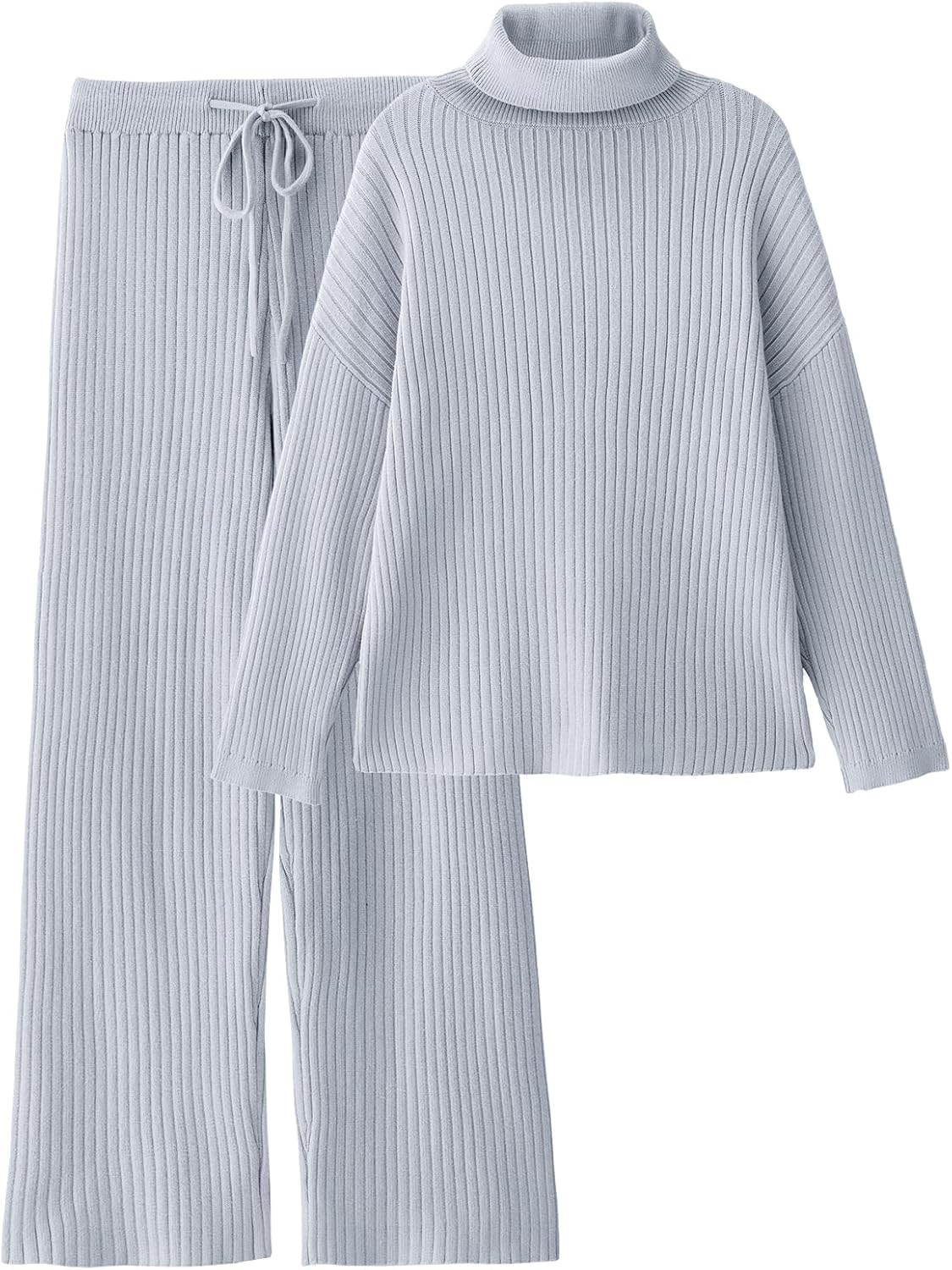 LILLUSORY Women 2 Two Piece Outfits Winter Clothes Turleneck Sweater Matching Lounge Sets Wide Leg Pants 2025 Fall Trendy Cozy Ribbed Knit Sweatsuits Sweat Suit Travel Loungewear Light Grey XL