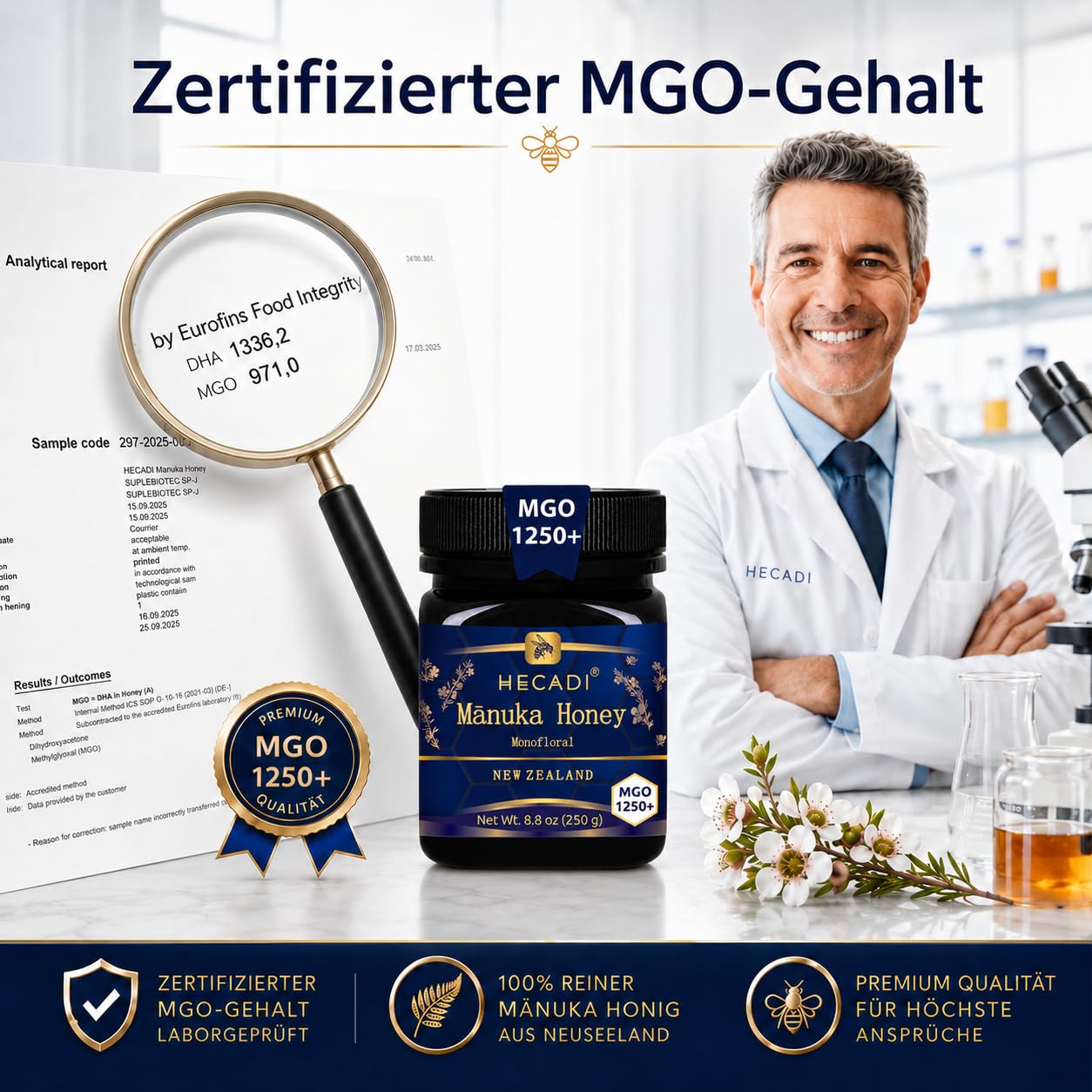 Manuka Honig MGO 1250+ Hecadi® I 100% Pur Original Honig aus Neuseeland I mit zertifiziertem I 250 g