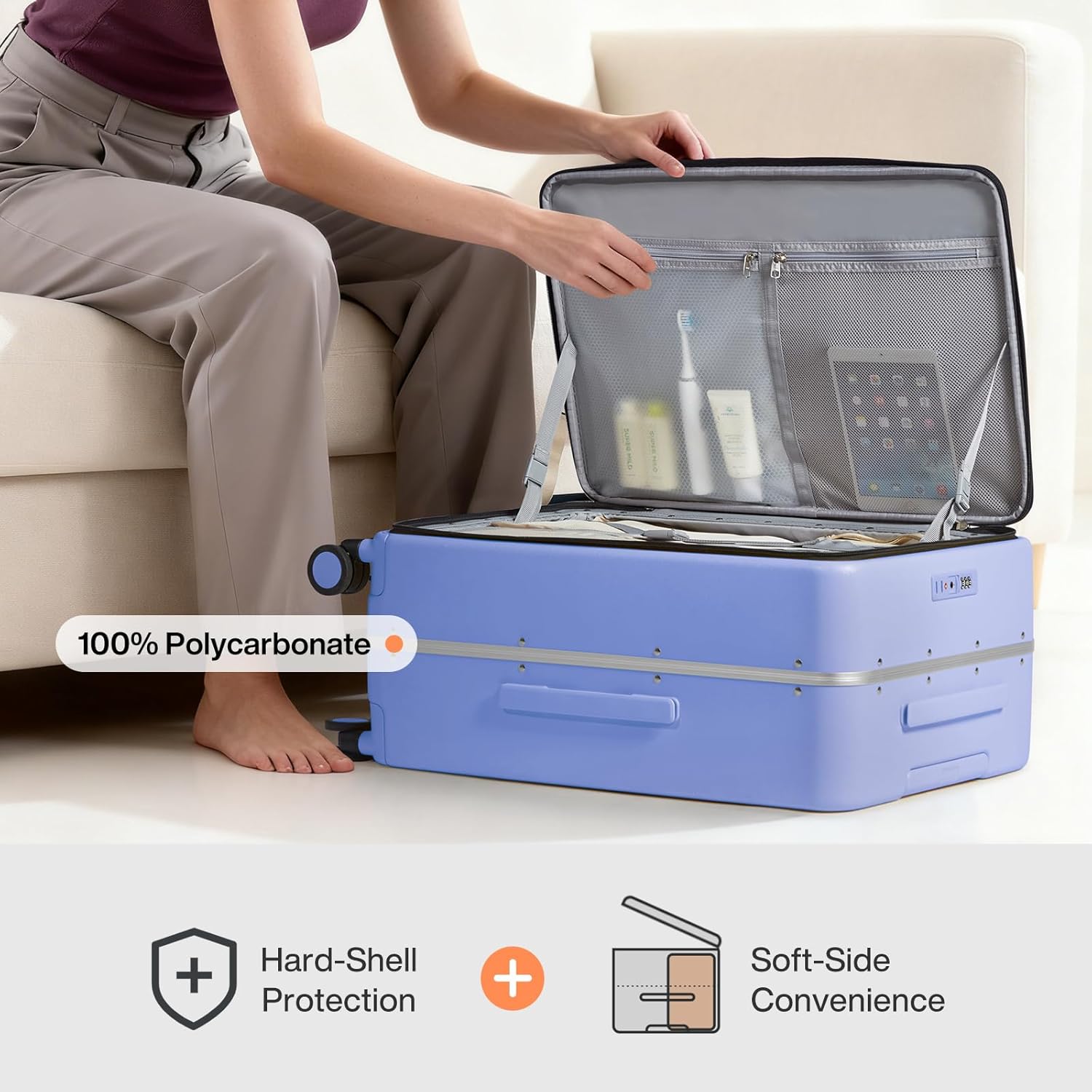 mixi 20 Inch Carry On Luggage 22x14x9 Airline Approved PC Hard Shell Suitcase Top Opening Aluminum Frame Travel Suitcases with Wheels, Lilac Purple