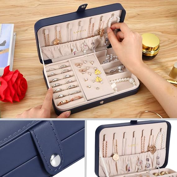 LANDICI Jewellery Box Small Jewellery Organiser for Women Girls, Navy blue | PU Leather Travel Jewellery Storage Case, Portable Jewellery Holder for Ring Earrings Necklace Bracelet, Jewellery Gift Box
