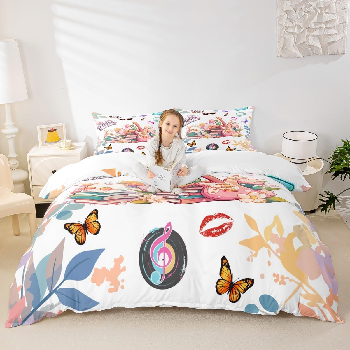 Erosebridal Music Theme Comforter Cover Queen Guitar Floral Butterflies Duvet Cover Gift for Singer Fans Modern Fashion Style Bedding Set Cartoon Cat Album Records Quilt Cover 2 Pillowcases