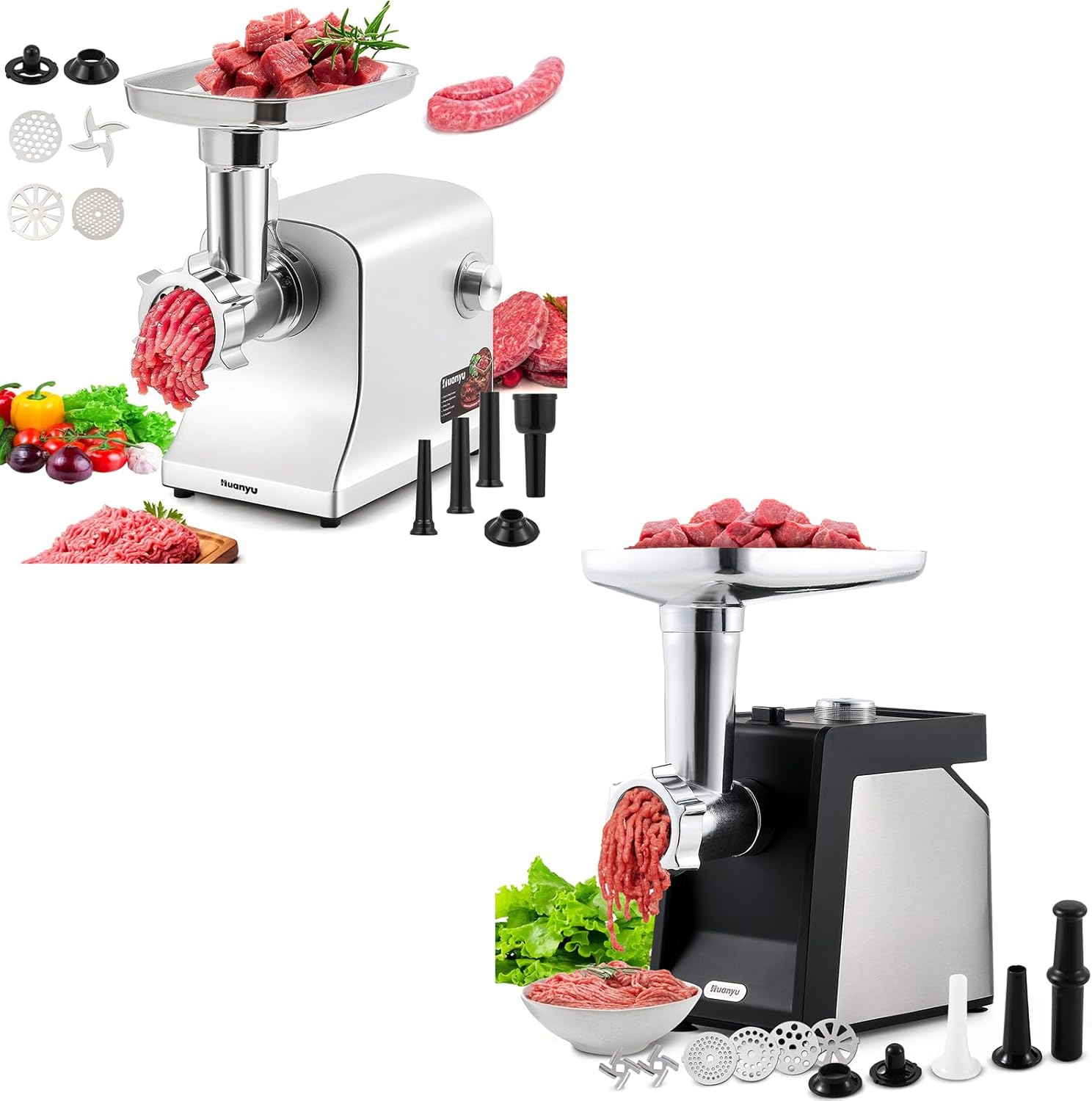 Huanyu Meat Grinder Electric 2800W Max Meat Mincer with Stainless Steel and Huanyu Electric Meat Grinder with 2 Blades, 4 Plates, Sausage Tube and Kubbe Kit 800W Bundle