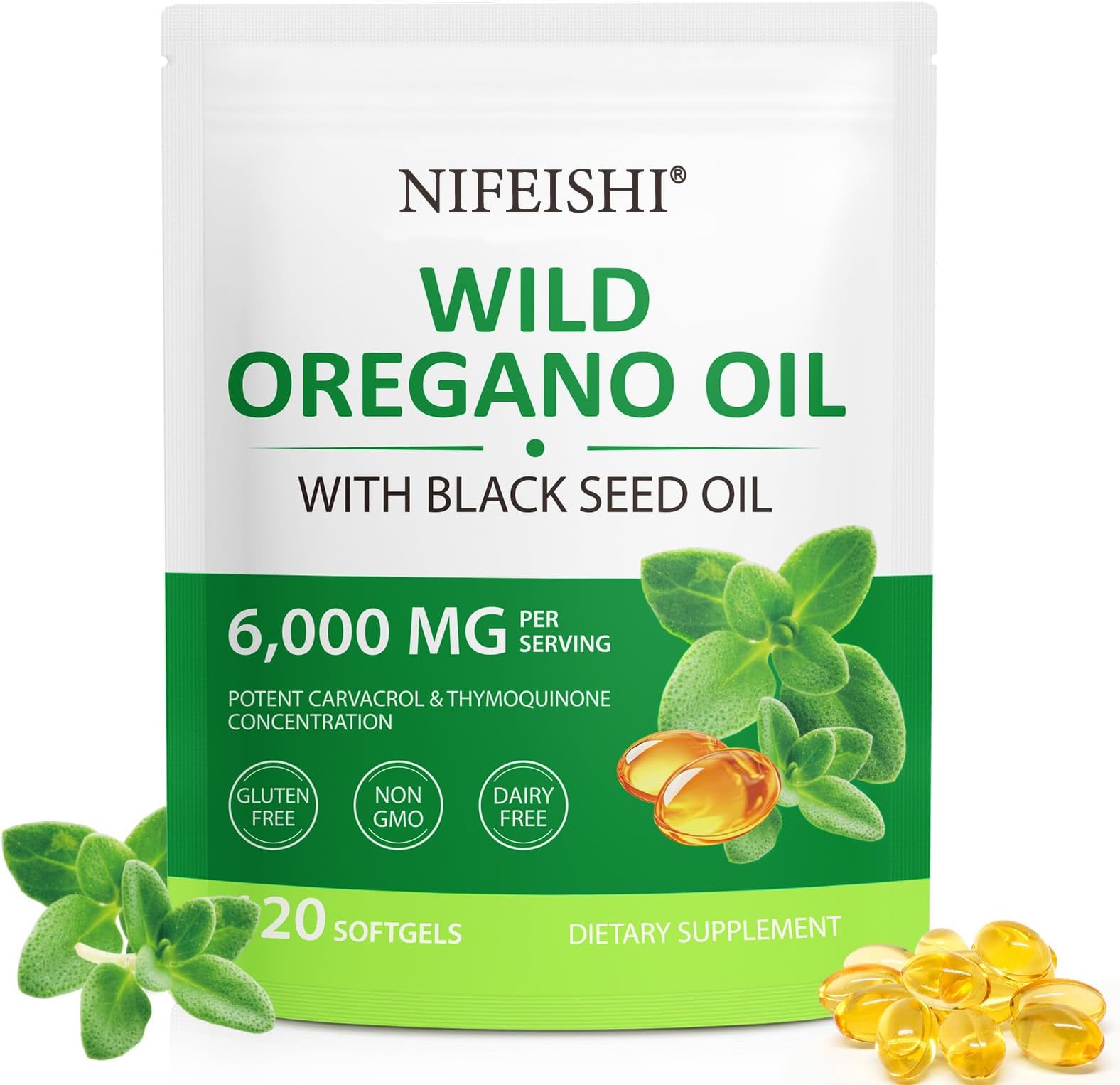 NIFEISHI Oil of Oregano with Black Seed Oil, 2 in 1 6000mg Oregano Oil Capsules Organic,165mg Carvacrol, Easy to Swallow, Plant Based, Non-GMO, Gluten Free & Immune Support - 120Count