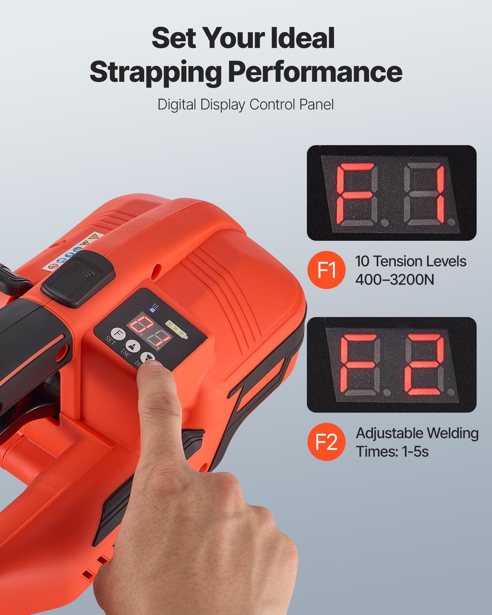 VEVOR Cercleuse électrique pour feuillards PP/PET 9-16 mm, outil de cerclage portable avec affichage numérique, avec 2 batteries de 4000 mAh, machine à cercler auto pour palettes, boîtes d'emballage