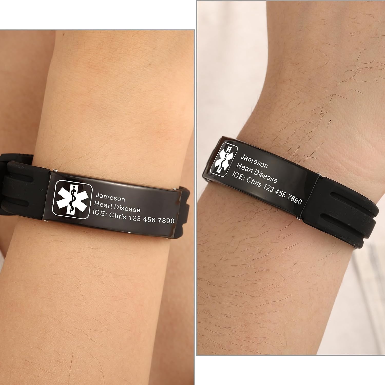 MeMeDIY Personalized Adjustable Silicone & Stainless Steel Medical Alert Bracelets - Engraved ID, Waterproof Wristbands for Women and Men