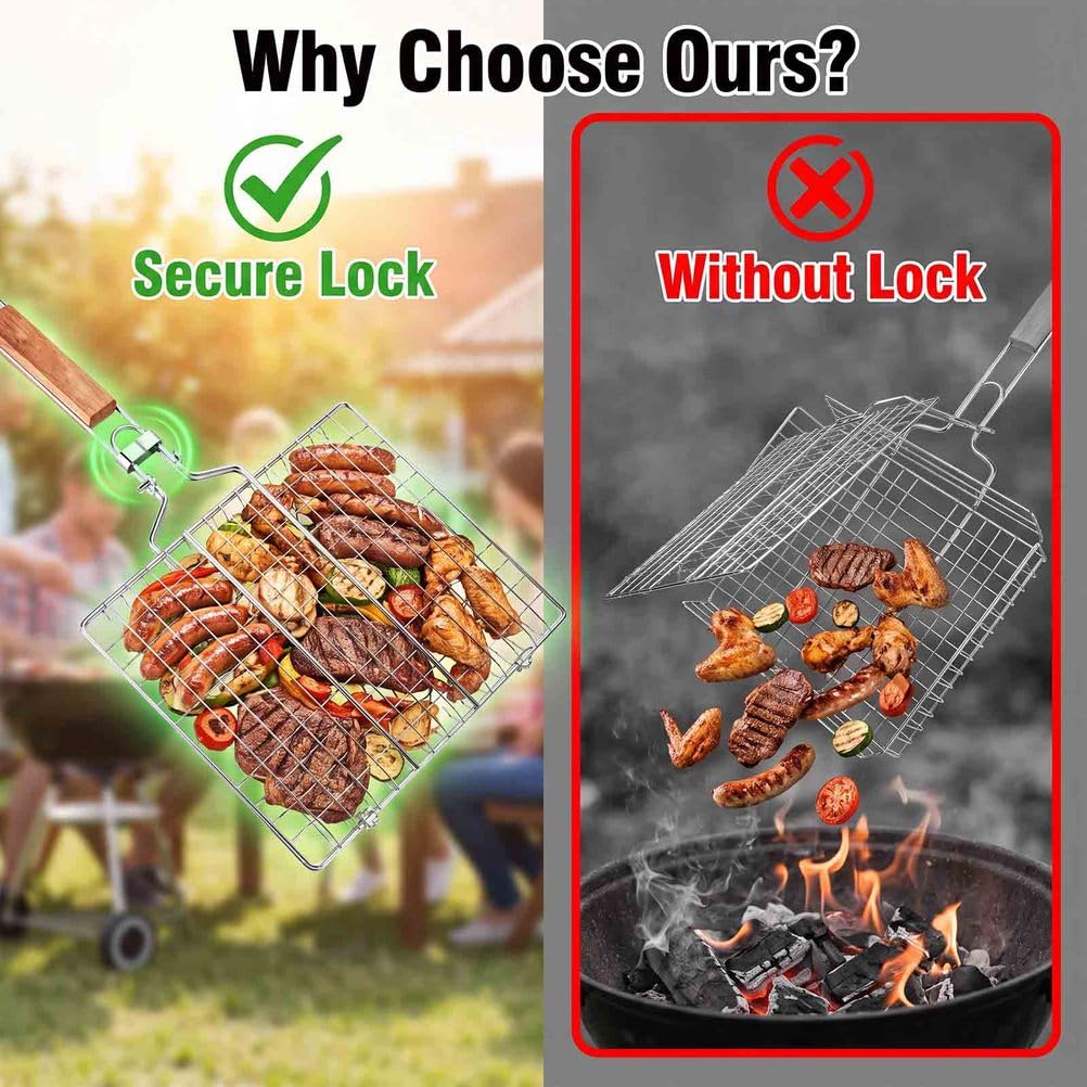 Cestello Grill BBQ con Blocco, Cestello Pieghevole in Acciaio Inox con Manico in Legno, Barbecue Portatile per Pollo, Pesce, Verdure, Bistecca e Cucina Esterna | 1