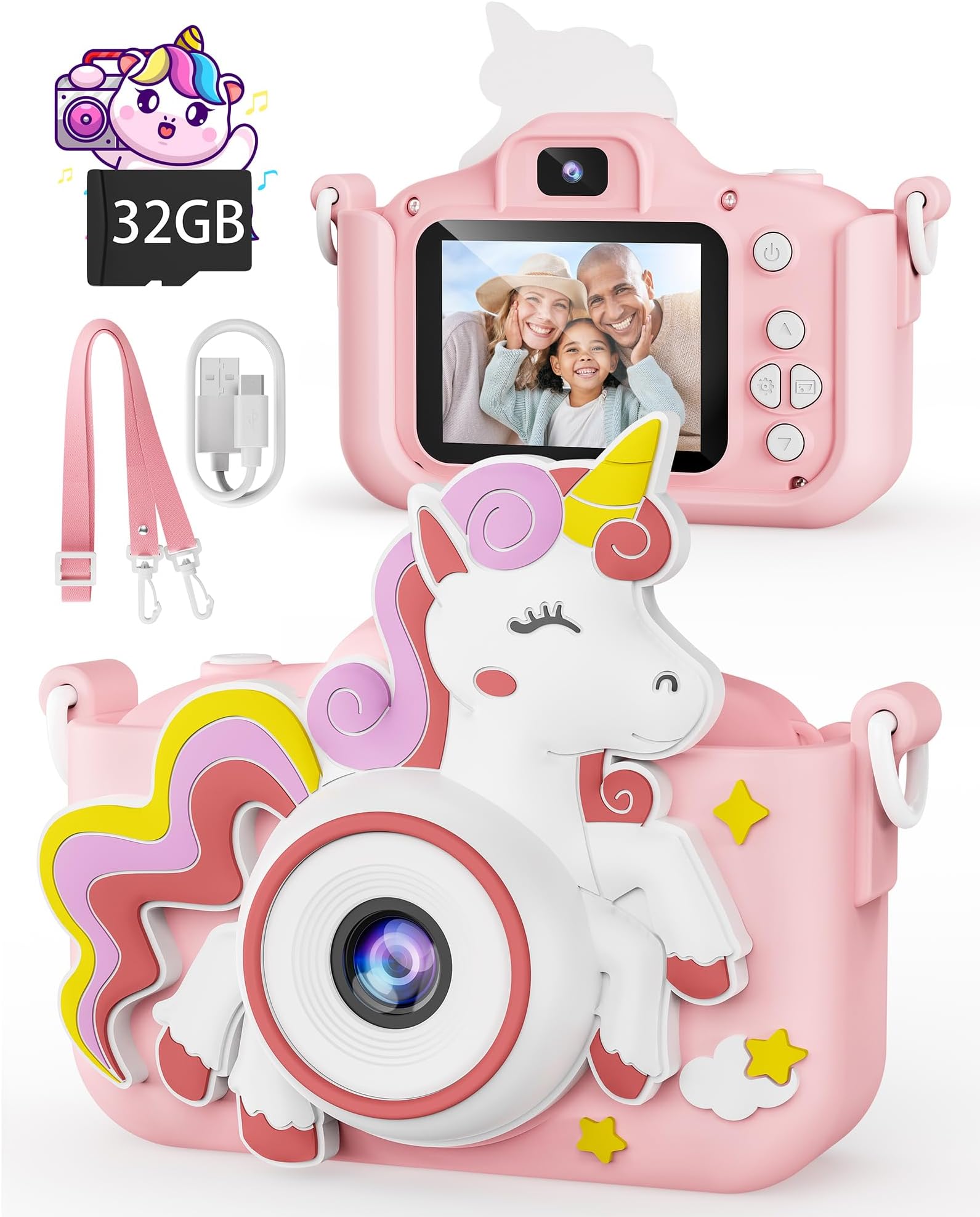 Kikapabi Unicorn Selfie Digital Camera Toys for Kids Age 3-10 with 32G SD Card, Christmas Birthday Gifts for 3 4 5 6 7 8 9 10 Year Old Girls