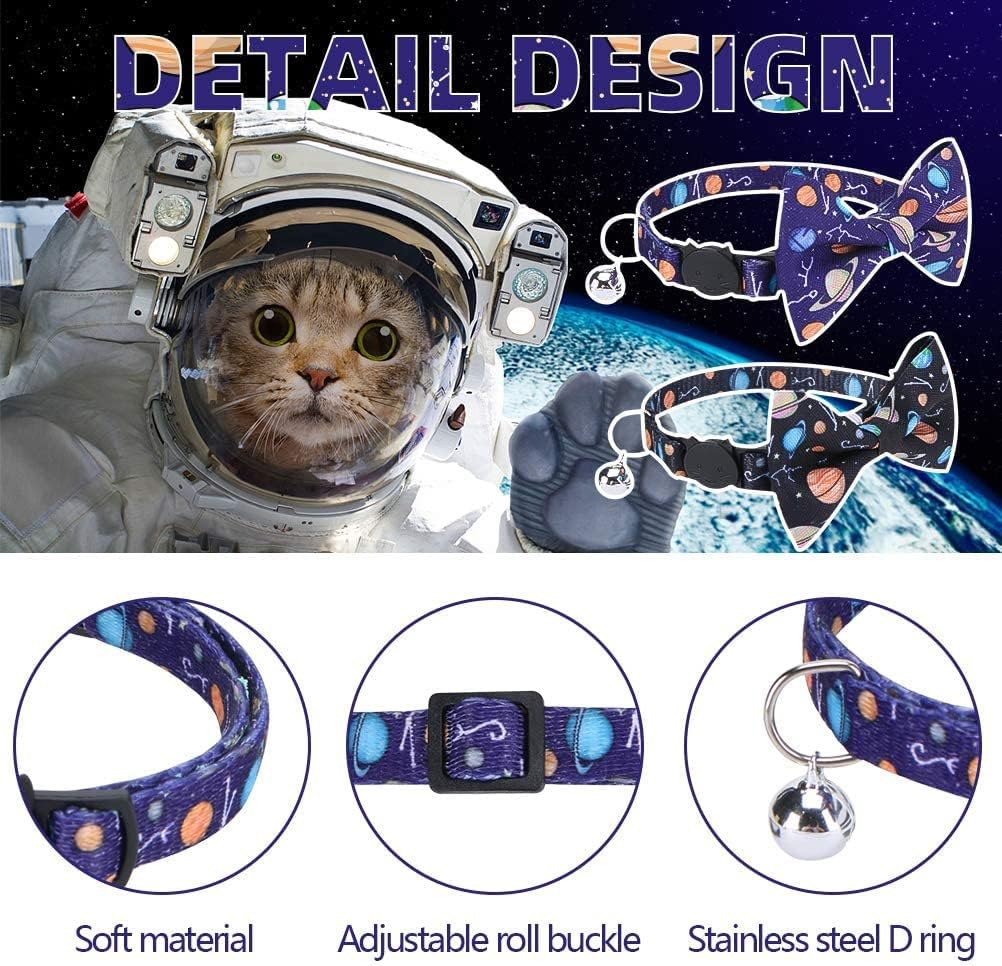 EXPAWLORER Cat Bow Tie Collar with Bell - 2 Pack Planet Design Breakaway Safe Buckle Kitty Collars, Cute Adjustable Kitten Collars with Removable Bow Tie, for Kitty Puppy Boy Girl