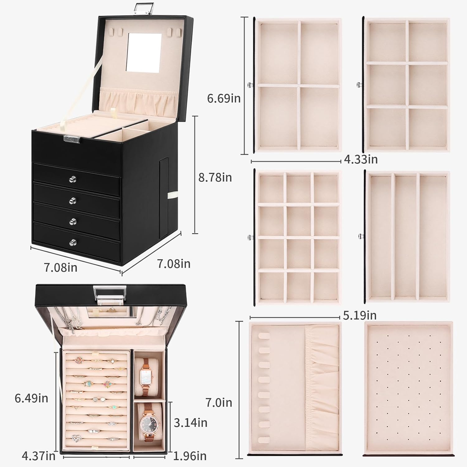 DesignSter Jewelry Organizer Box, 5 Layers Jewelry Box with side compartment, Large Leather Jewelry Storage Case with Mirror for Necklaces Earrings Rings Bracelets Watches (Black)