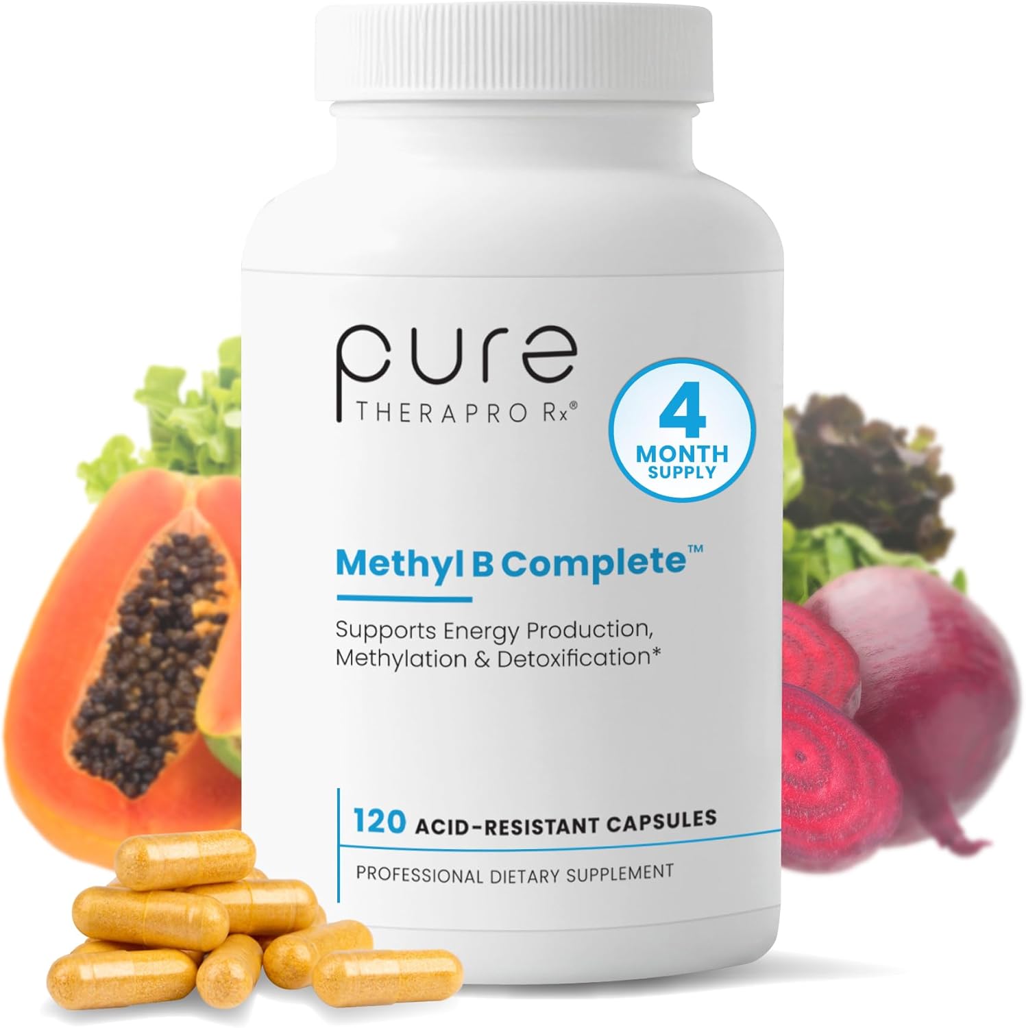Pure Therapro Rx Methylated B Complex Vitamins Made in USA, 4 Month Supply | Methyl B Complete Quatrefolic 5-MTHF Folate, B12 Methylcobalamin, TMG Trimethylglycine, Methylfolate | Pharm Grade