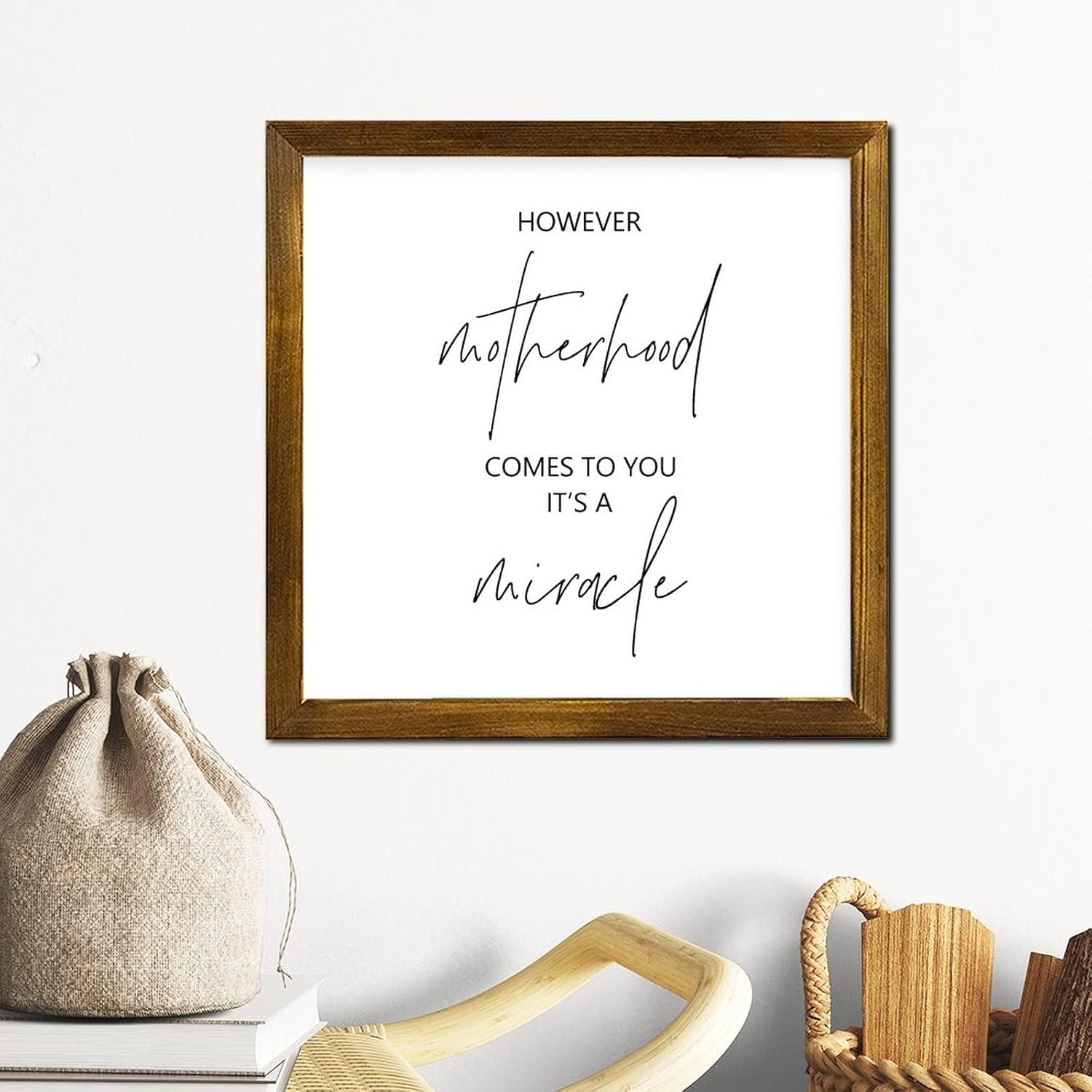 Motherhood Comes to You Wood Framed Sign Bible Verse Wall Art Signs Classic Home Wall Decoration for Home Kitchen Living Room Kitchen Housewarming Gift 12x12 Inch