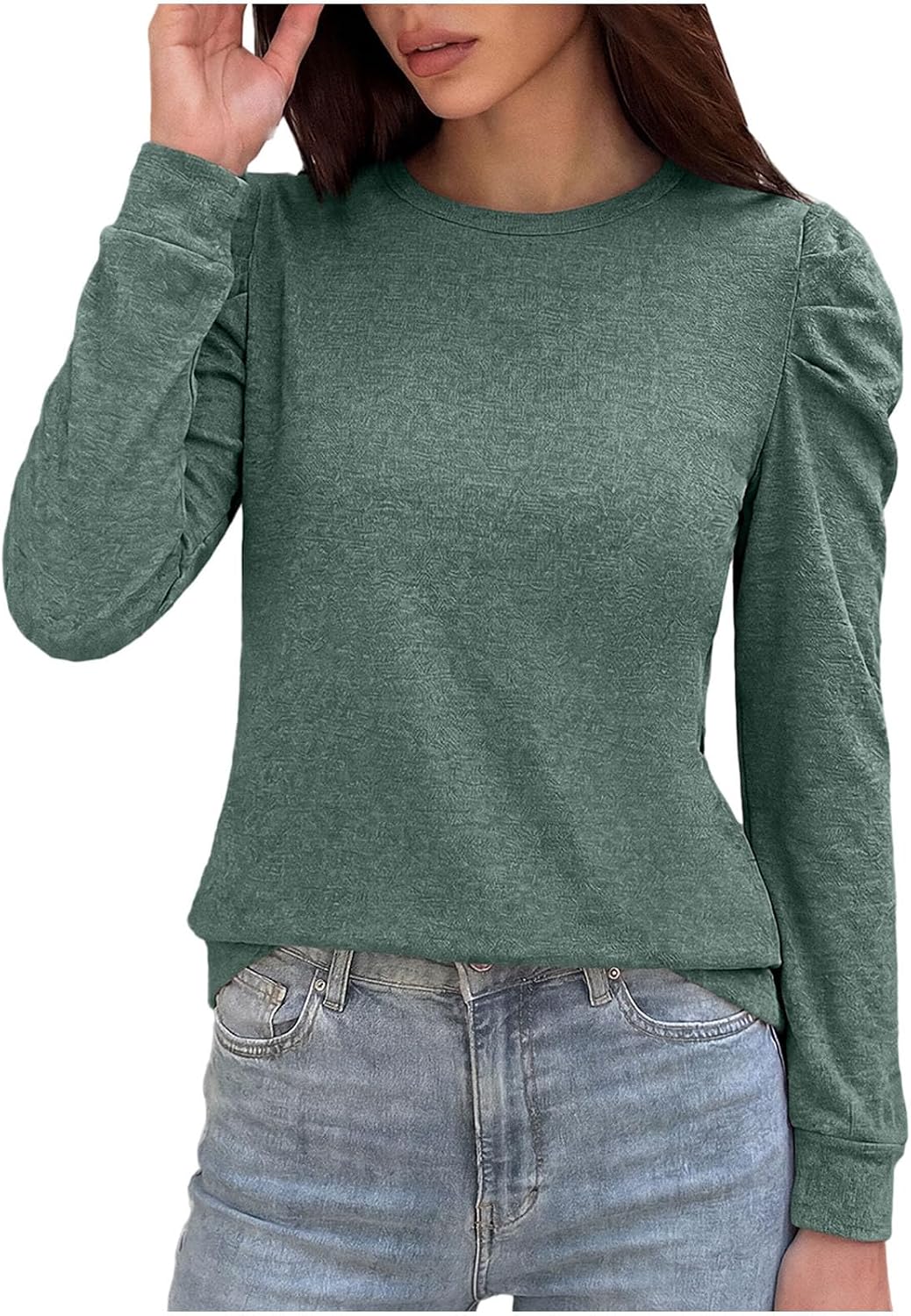 Womens Puff Long Sleeve Shirts Crewneck Casual Work Dressy Top | Basic Fall Tops, Comfy Soft Layering Tees, Business Work Office Outfits, Winter Fashion Blouses, Loose Solid Clothes