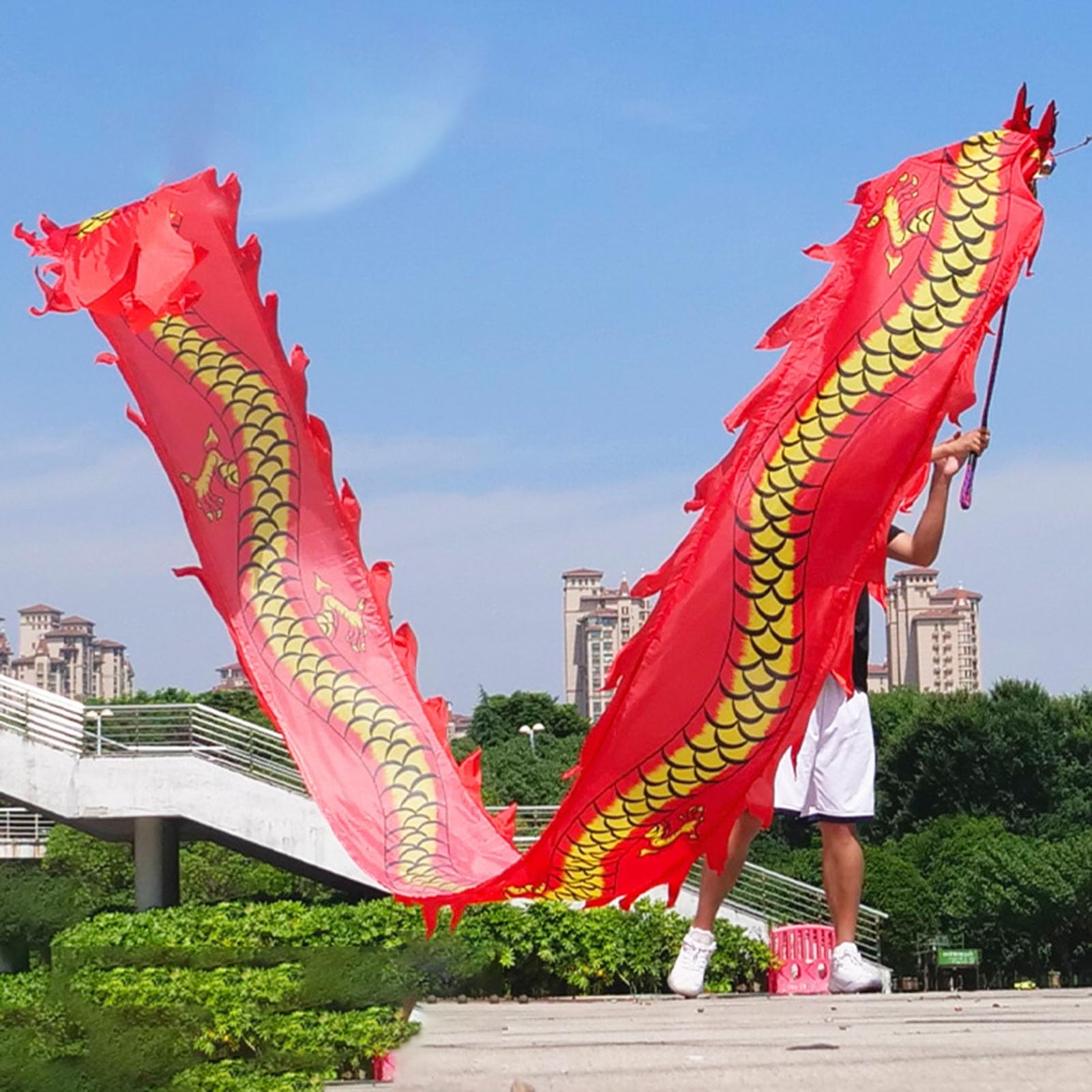 3D smok Fling The Ribbon Streamer, Dragon Fitness Dragon Streamer ze stalową głową, lekka wstążka do rzucania z motywem smoka, zestaw rekwizytów do tańca/żonglowania(Red,8 m (26 ft))