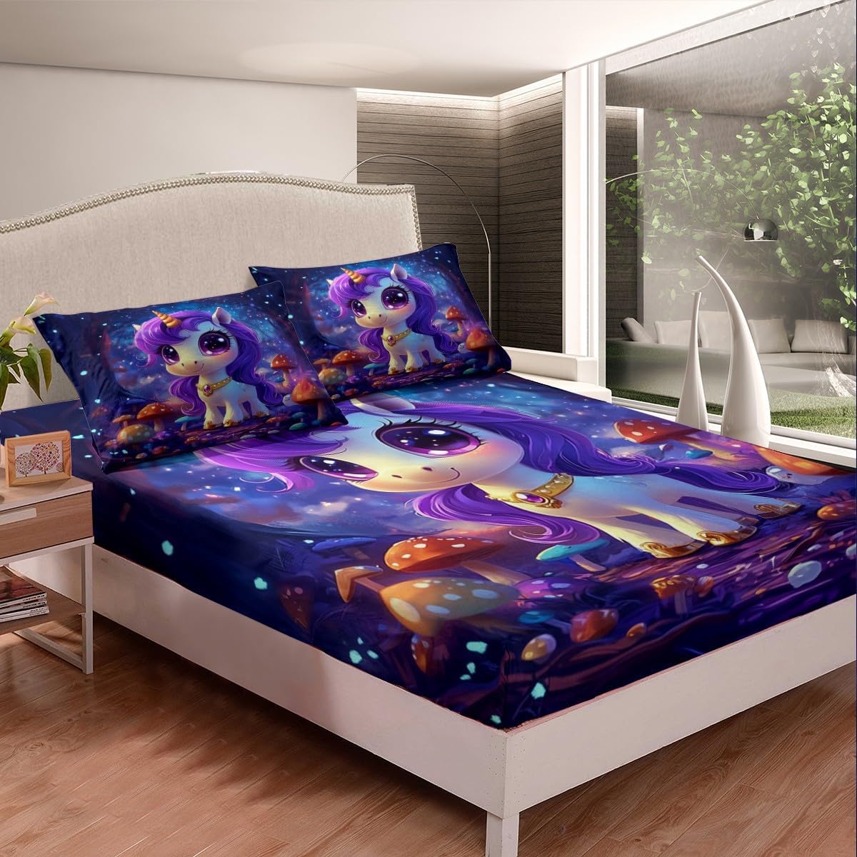 Erosebridal Pink Blue Unicorn Bed Sheets Full Size Kawaii Rainbow Unicorn Fitted Sheet Cute Princess Bowknot Sheets Dreamy Fairy Tales Bedding Set Yellow Stars 3Pcs Breathable Decor