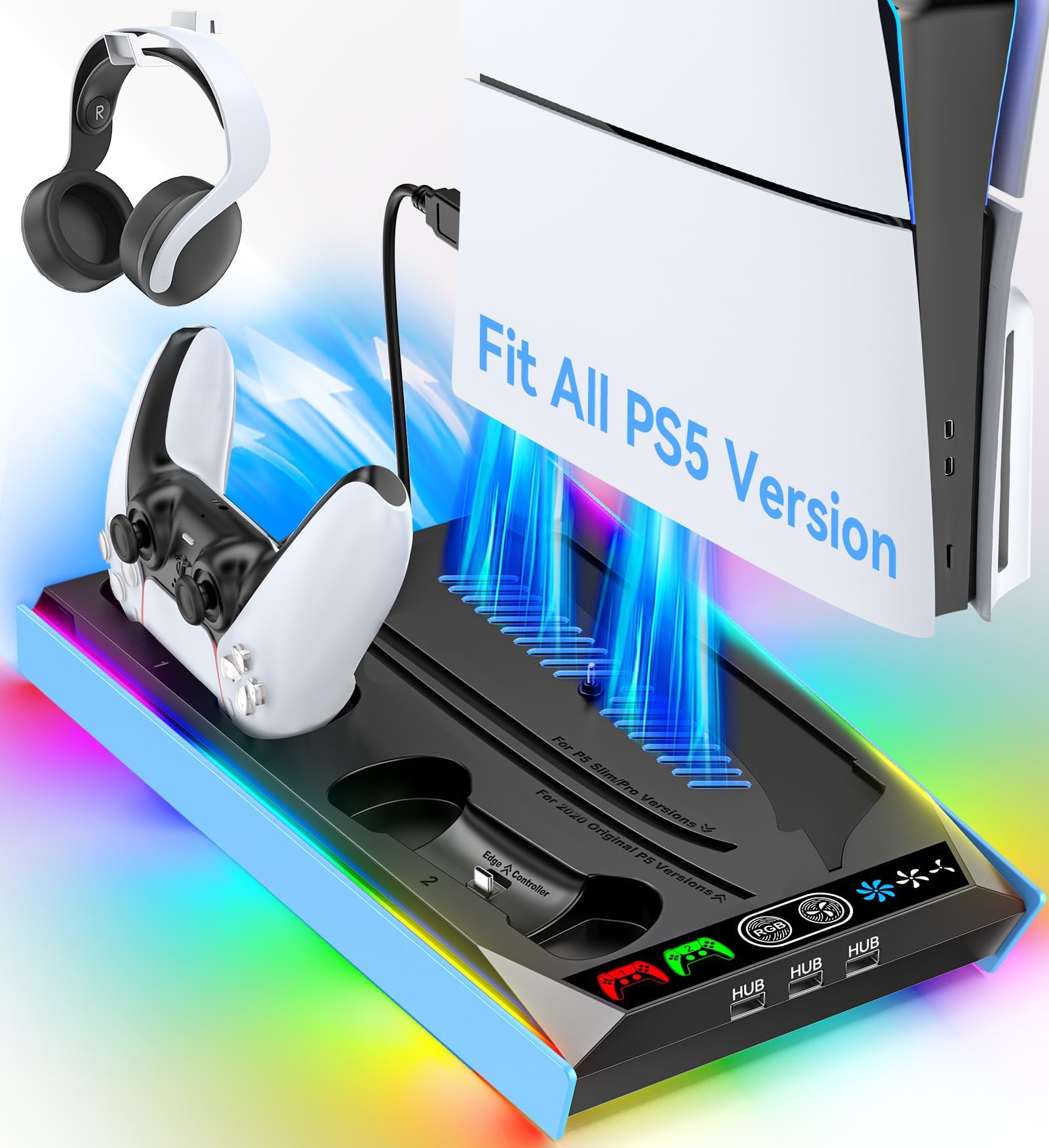 Rysker PS-5/Slim/Pro Stand for Disc & Digital, PS-5 Cooling Station with Dual Controller Charger for PS-5 Console, 3-Level Fan PS-5 Controller Charger Accessories Stand (Starlight Blue)