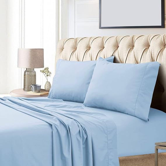 Tribeca Living 100% Egyptian Cotton Sheets 800 Thread Count - Extra Deep Pocket Fitted Sheet Fits Mattresses up to 24 Inches - Silky Sateen 4-Piece Set - Queen, Blue