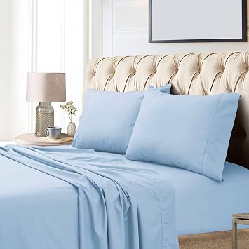 Tribeca Living 100% Egyptian Cotton Sheets 800 Thread Count - Extra Deep Pocket Fitted Sheet Fits Mattresses up to 24 Inches - Silky Sateen 4-Piece Set - Queen, Blue