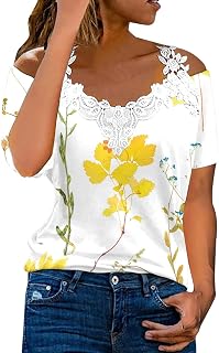 NQyIOS Tops for Women UK, Women Lace Stitching Off Shoulder T Shirts Sexy Graphic Print V Neck Tops Casual Loose Fit Tunics for Party Short Sleeve V Neck T Shirts Corset Tops for Women