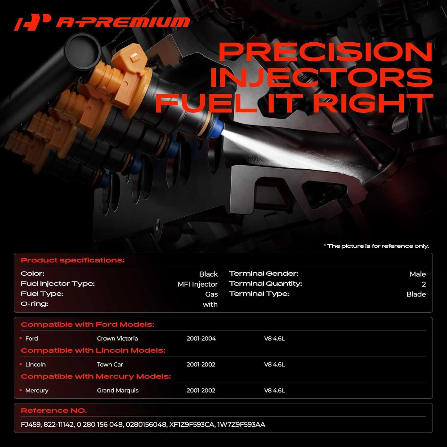 A-Premium Fuel Injectors Compatible with Ford Crown Victoria 2001-2004 & Lincoln Town Car 2001-2002 & Mercury Grand Marquis 2001-2002, V8 4.6L, Set of 8, Replace# 0280156048