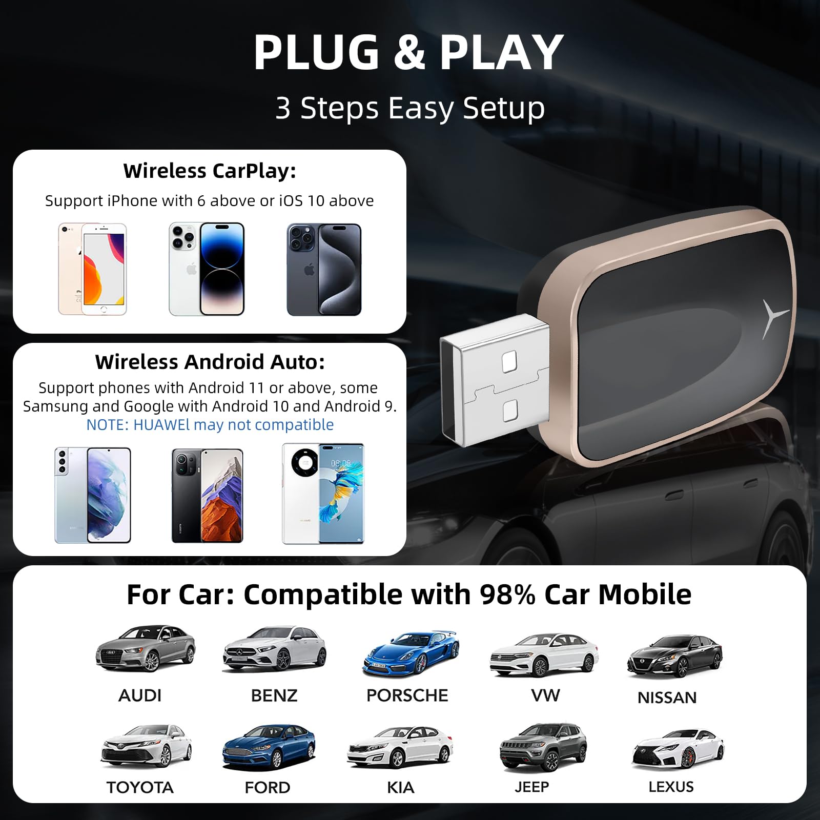Ezonetronics Adattatore Carplay Wireless e Android Auto, Converte Carplay Cablato in Wireless 2-in-1 Plug & Play USB C/A,Mini e Stabile 5,8 GHz WiFi Bluetooth Compatibile con iOS 10+/ Android 11+