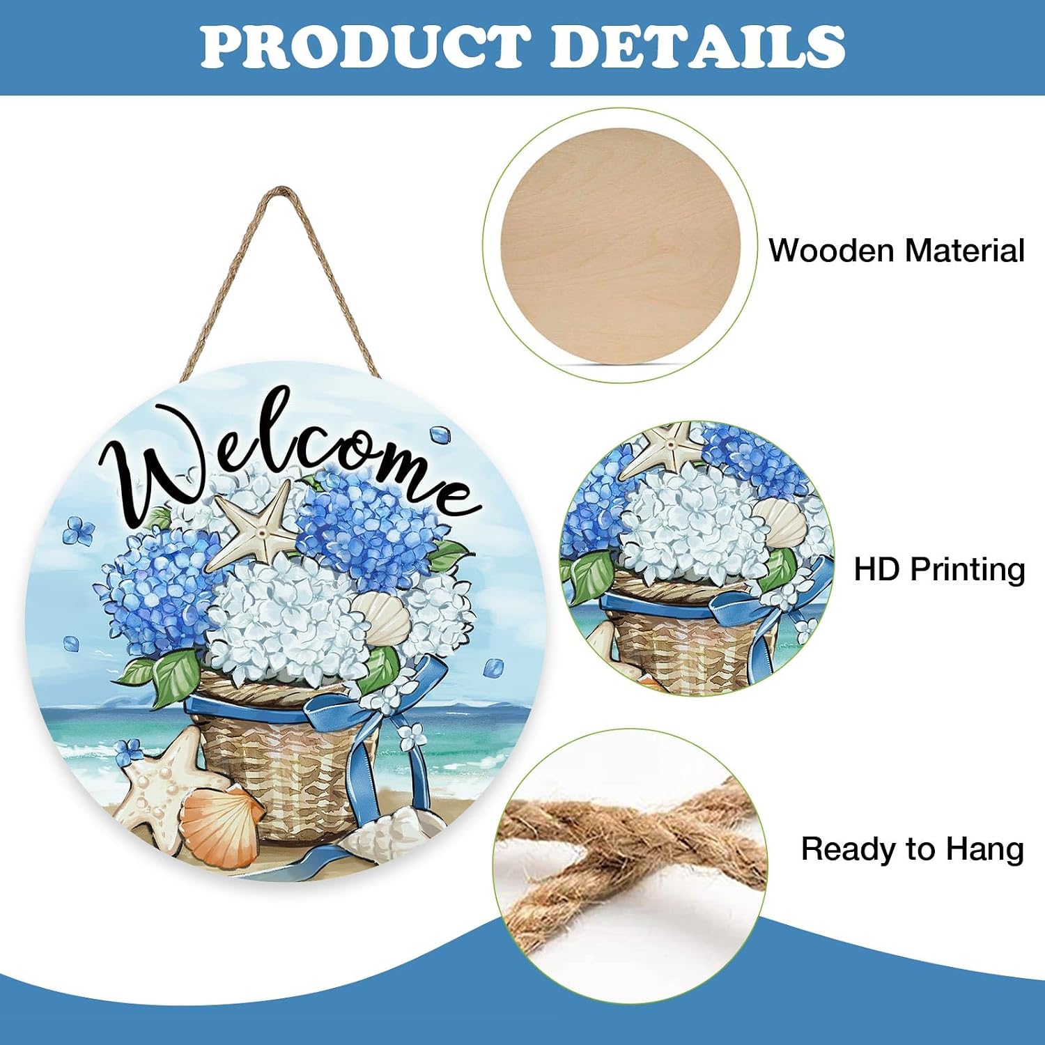 Welcome Spring Summer Hydrangea Flower Beach Front Door Sign, Coastal Floral Sea Shell Starfish Outdoor Wood Plaque Hanger, Nautical Ocean Wooden Wreath Indoor Wall Hanging Home Decoration