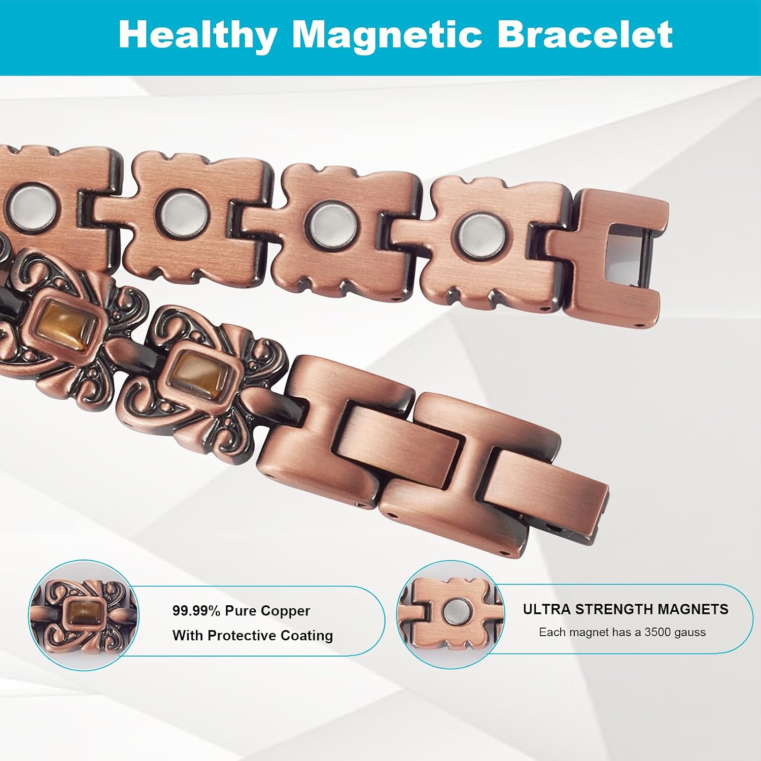 Copper Bracelets for Women Men, Pure Copper Adjustable Magnetic Bracelet with Yellow Stone, Healthy Jewelry Gift (Yellow)