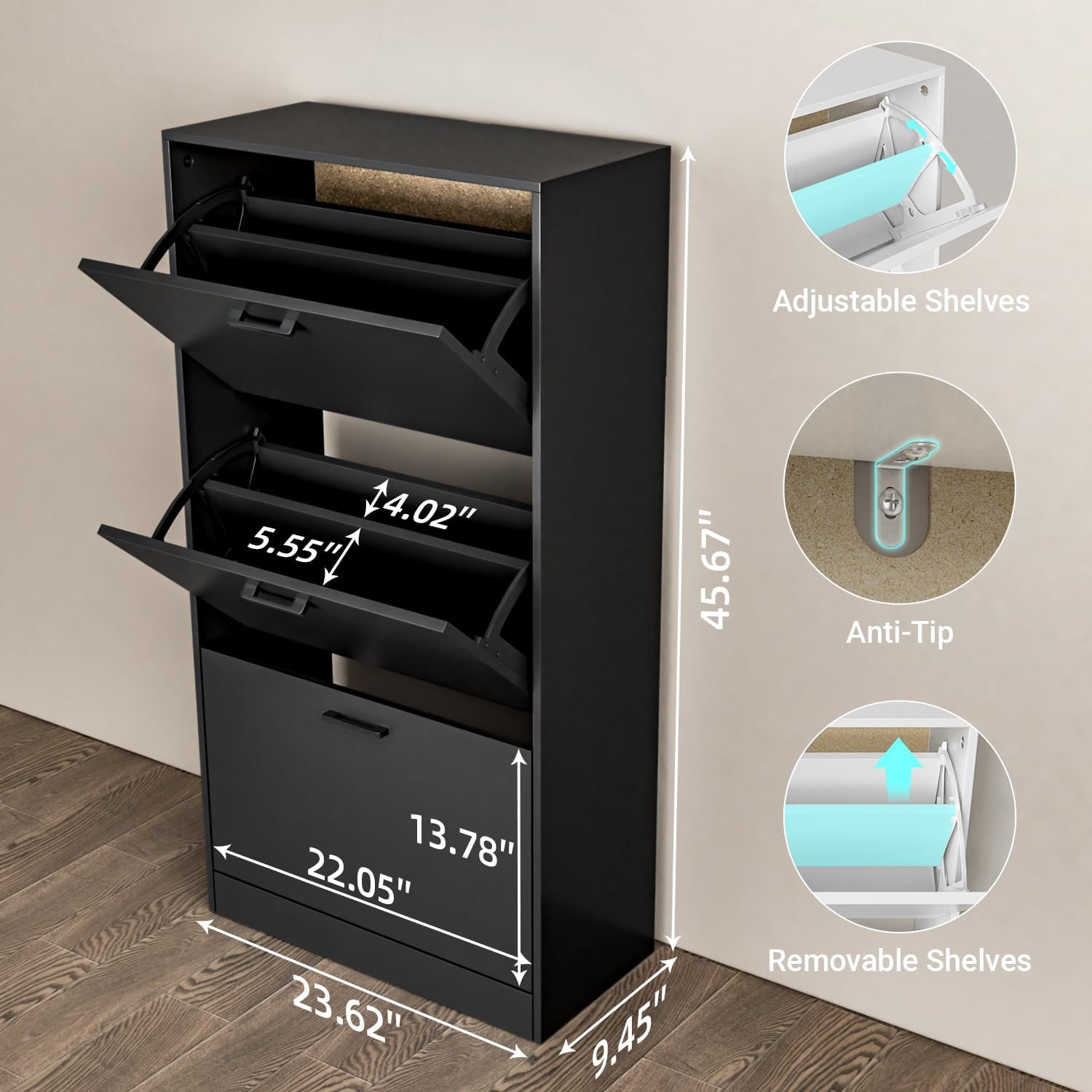 Shoe Cabinet with 3 Flip Drawers, Narrow Freestanding Shoe Organizer, Hidden Slim Shoe Storage Cabinet for Entryway, Hallway, Living Room, Black