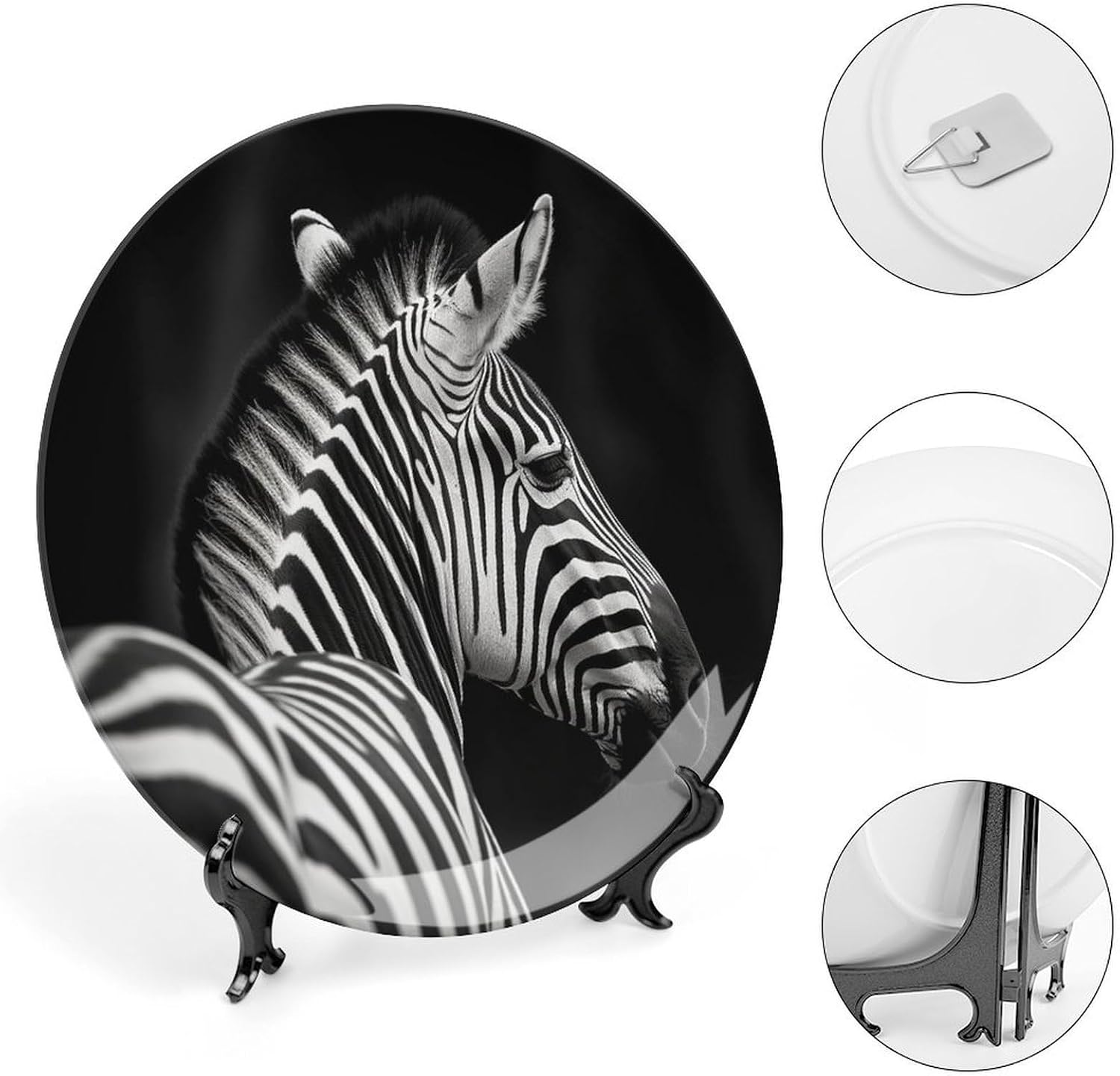 Bone China Decorative Plate with Display Stand Round Ceramic Black & White Zebra Plates Porcelain Hanging Plate Home Art Decoration for Cabinet Kitchen Dining Room Table 7inch