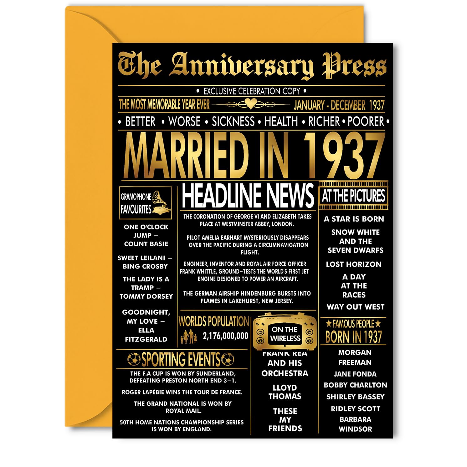 Gold 89th Anniversary Card for Women Men - Golden Newspaper Married in 1937-89 Year Wedding Anniversary Card for Wife Companion Husband Partner, 5x7 Inch Anniversaries Greeting Cards