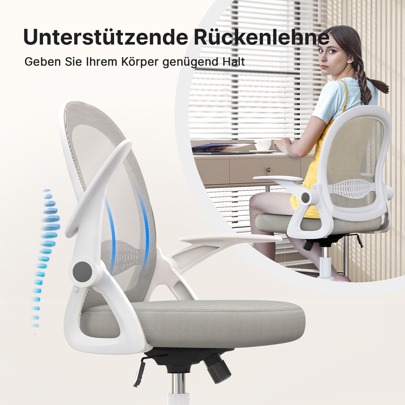 rattantree Ergonomischer Bürostuhl, Schreibtischstuhl mit Atmungsaktiver Rückenlehne, Höhenverstellbarer, Netzstuhl mit Hochklappbaren Armlehnen, Computerstuhl, 360° Drehstuhl für Büro, Zuhause, Grau