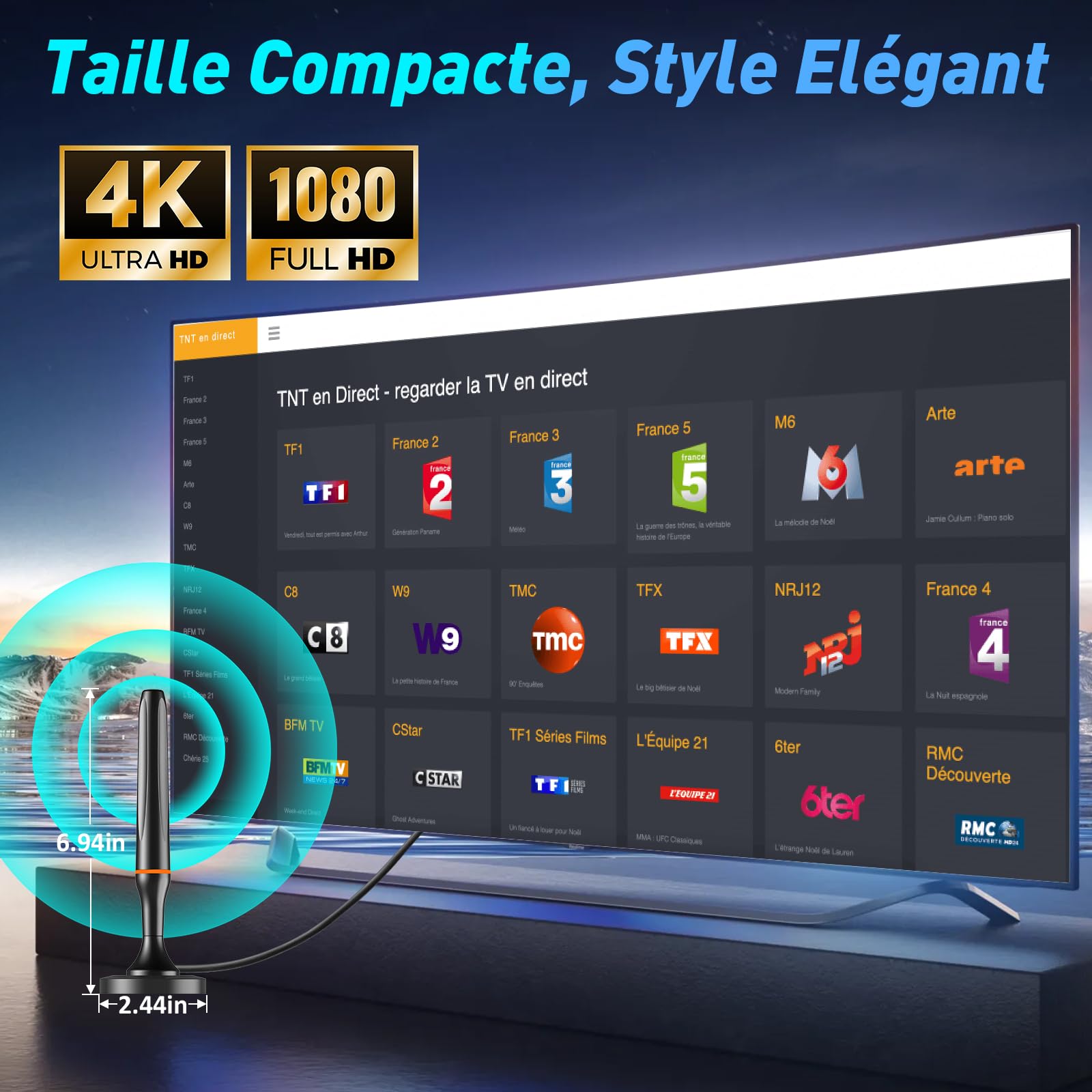 Antenna TV interna TNT HD, 2025 Più recente Antenna TV Interiore, Ricezione Lunga a 360° con Base Magnetica, Compatibile con Portatile 4K 1080P e Tutti I TV