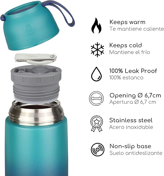Milu Termo para Comida 450 ml Taza Aislada, Botella de Acero Inoxidable Aislada Alimentos, Beber y sopa de los niños de adultos Térmico (450ml/Verde Azul) - 4