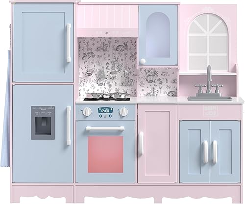 Miniatura 9 de Juego de cocina para niños, juego de cocina de madera para niños con grifo, fregadero, estufa, horno, ventana, utensilios de cocina, armarios de