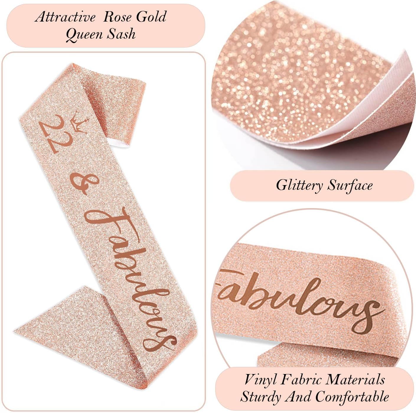 22nd Birthday Decorations for Her Girls Women, Including 22 year old Birthday Cake Topper, Queen Sash with Pearl Pin, Sweet Rhinestone Tiara Crown, Number Candles and Balloons Set, Rose Gold - Image 4