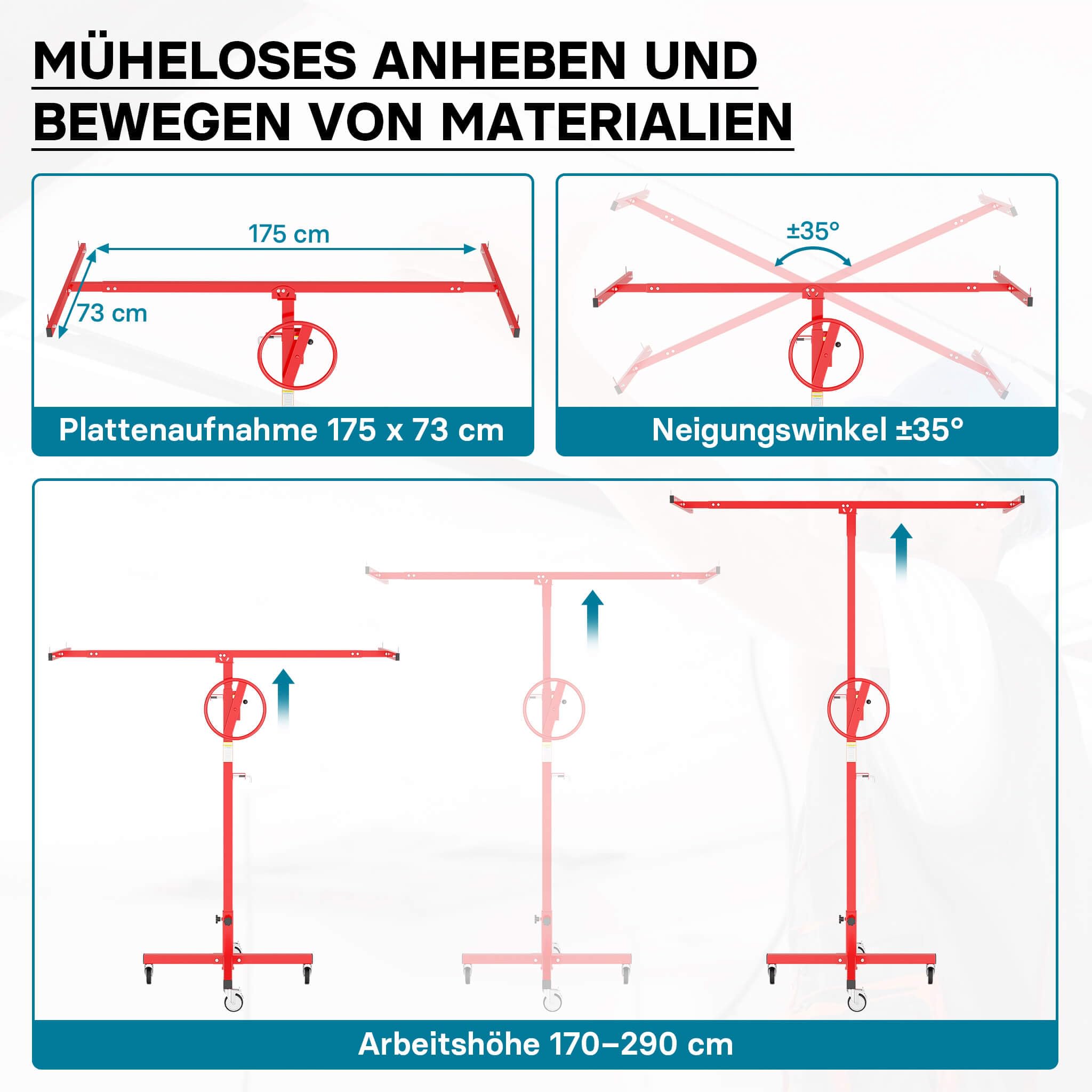 XPOtool Plattenheber bis max. 40 kg, Höhe 170-290 cm, Montagehilfe für Trockenbau, Paneelheber mit 4 Rädern mit Feststellbremse