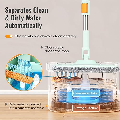 Miniatura 2 de Juego de trapeador giratorio y cubo con cubo de fregona interior desmontable, trapeadores y cubos para limpieza de suelos, incluye 6 almohadillas de