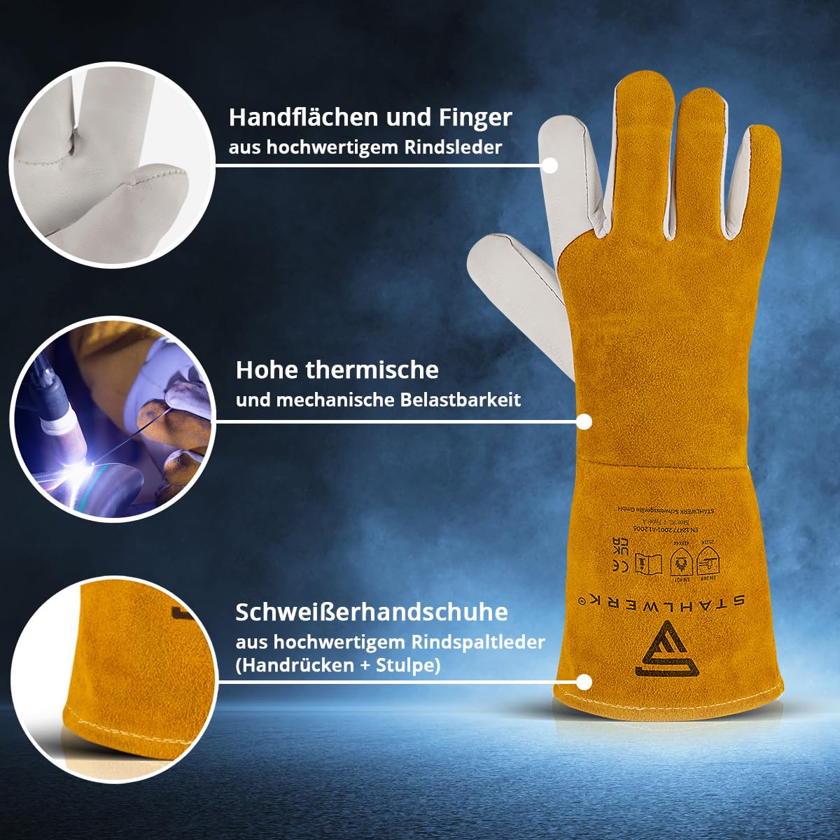 STAHLWERK Schweißerhandschuhe aus Rindspaltleder 2 Paar – Hitze- und feuerbeständige Schweißhandschuhe für WIG, MIG/MAG, MMA, Plasma mit Unterarmschutz, Nahtloser Daumen-Übergang, Einheitsgröße (34cm)