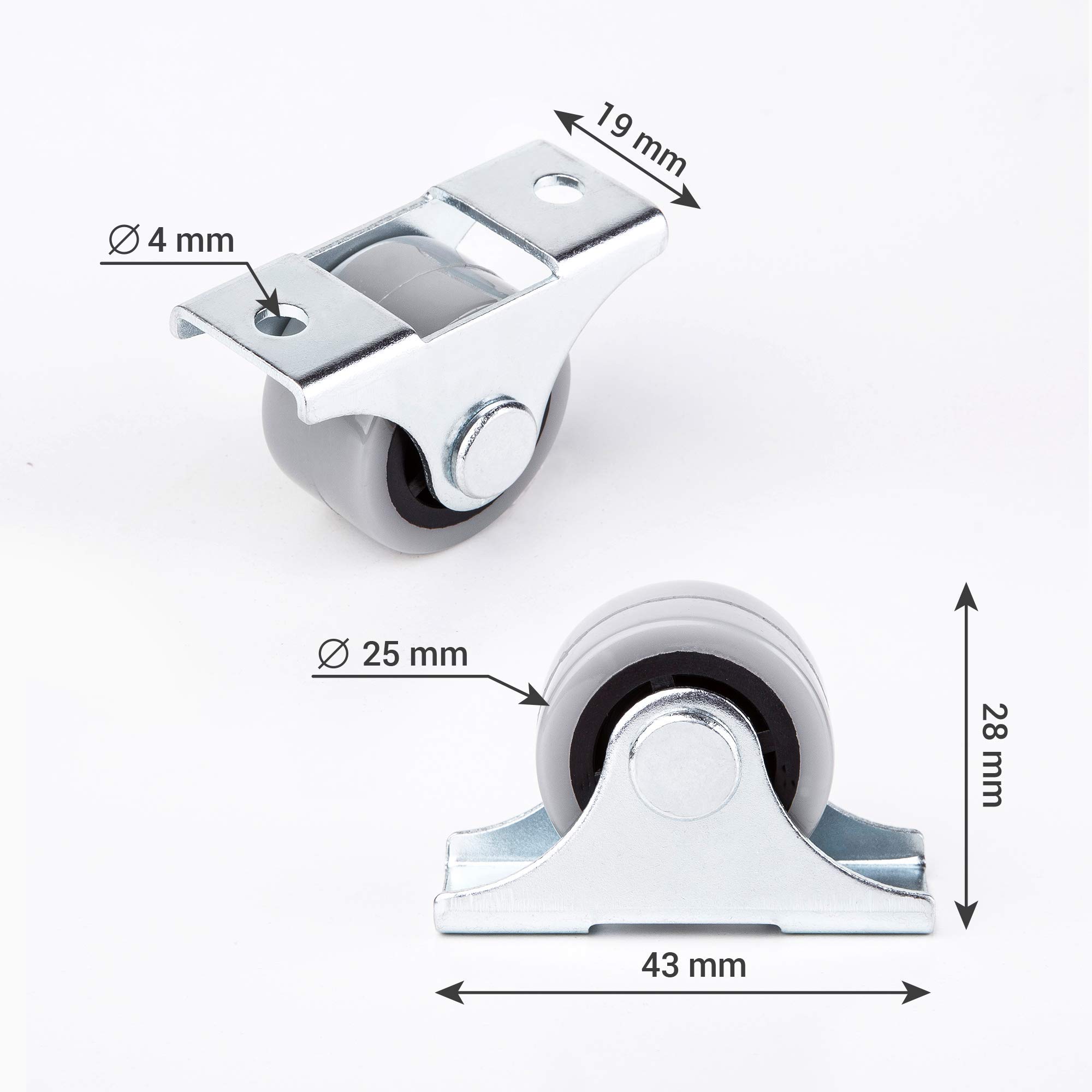 4 x 25 mm gumowe mini kółka z metalową płytką do mebli i wyposażenia
