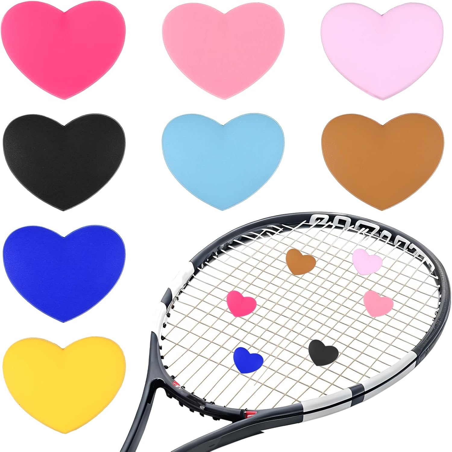 Tennis Dampener, Heart Silicone Tennis Racket Dampeners Racket Shock Absorber to Reduce Vibration Soft Cute Fit for (Players/Universal Fit for All Racquets) 8Pcs & 8 Colors-Set 1