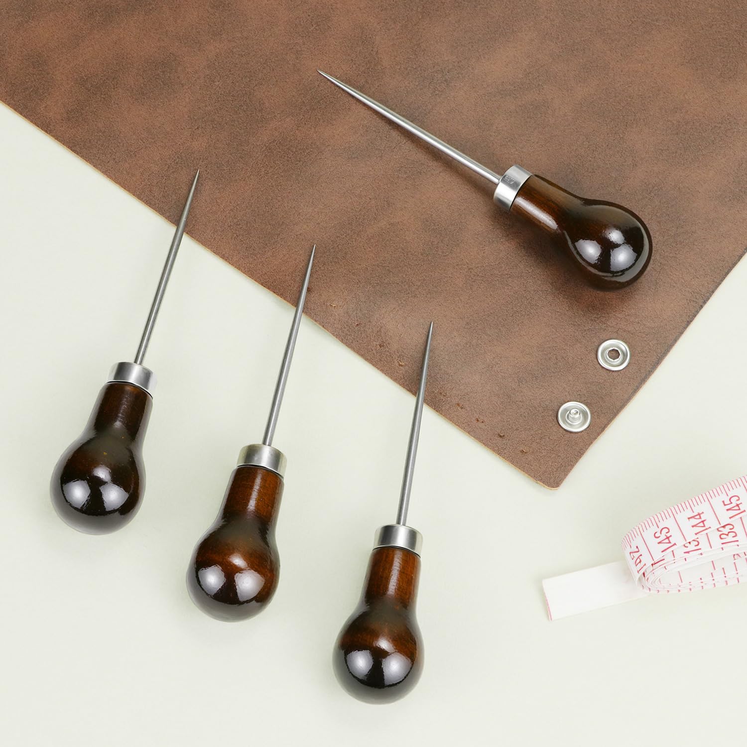 QWORK Wooden Handle Scratch Awls Set of 10 for Leather, Sewing, Craft Punching & DIY Hand Tools, Metal Point with Protective Sleeve, 4.3 inch Long