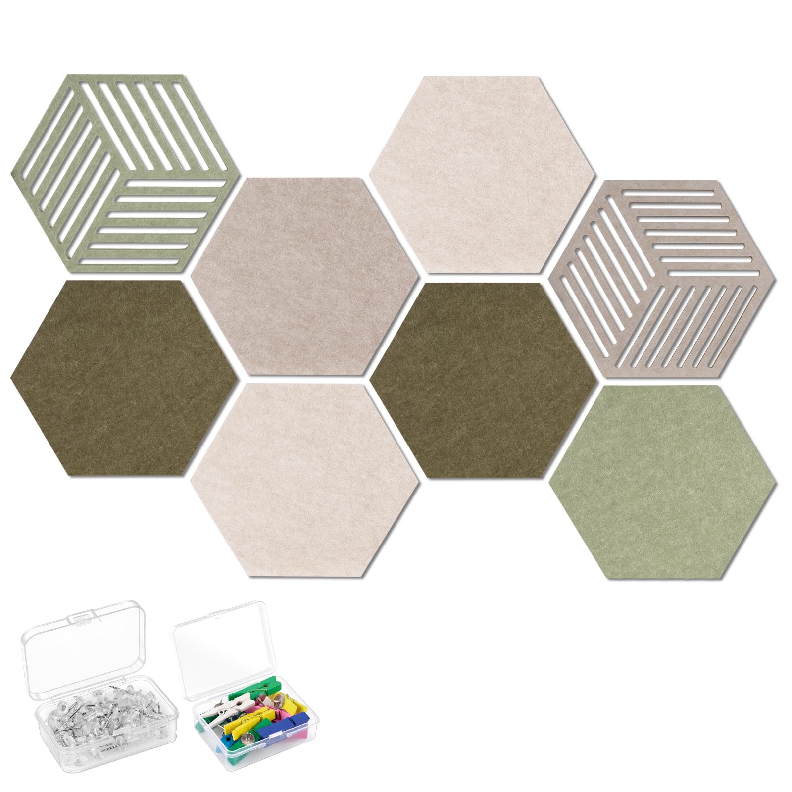 Ainiv 8 PCS Felt Hexagon Bulletin Boards, DIY Memo Board Notice Board with 40 Push Pins and 10 Colorful Wooden Clips, Felt Wall Tiles for School Office Home Wall Decor Memos Photos Display-Green Tones